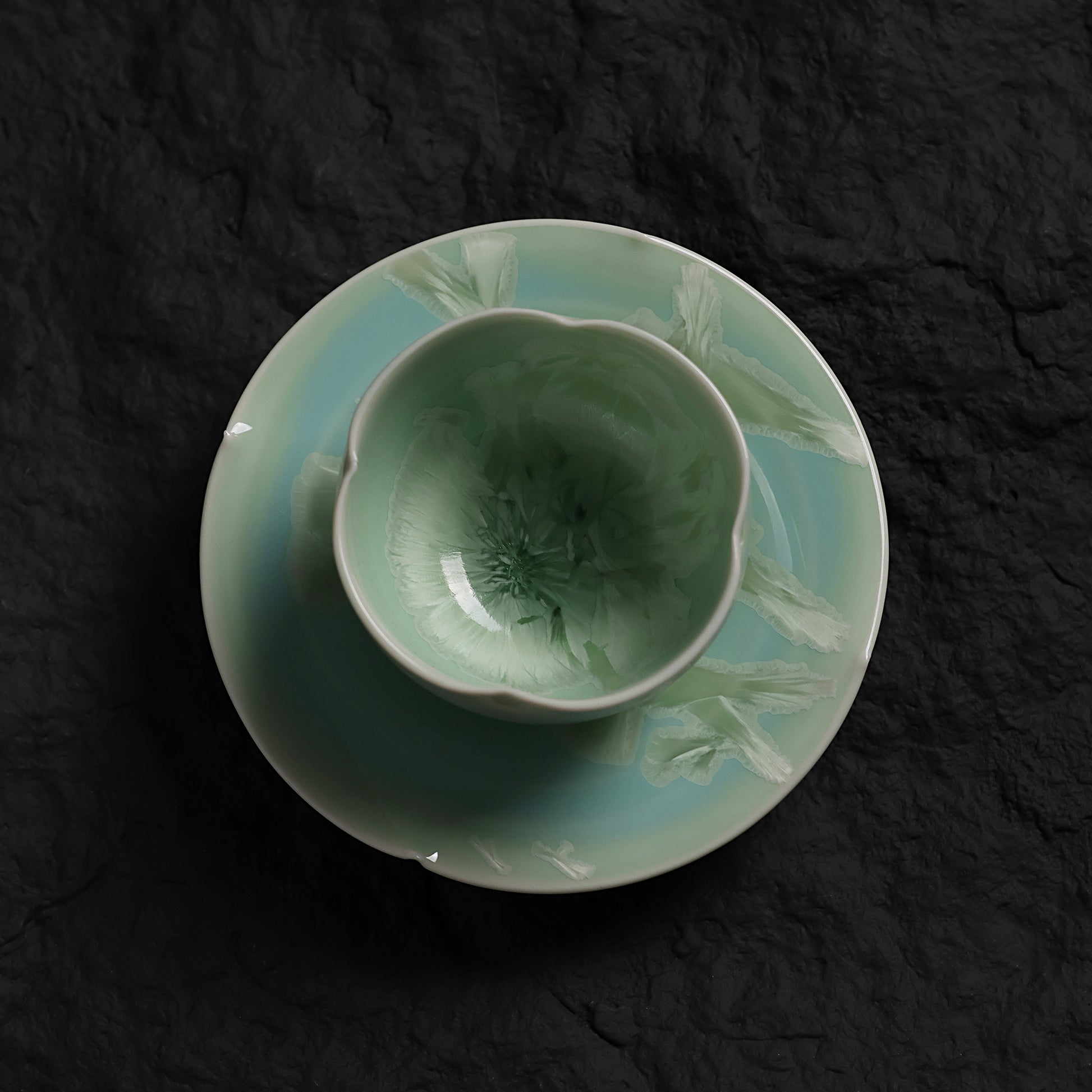 Pistachio Green Crystalline Glaze Tea Cup Set – Handmade Mini Teacup with Fan Crystal Saucer - Je t'aime Resolute