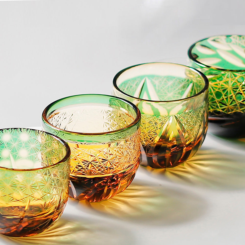 Edo Kiriko Handcrafted Green-Amber Crystal Sake Glass