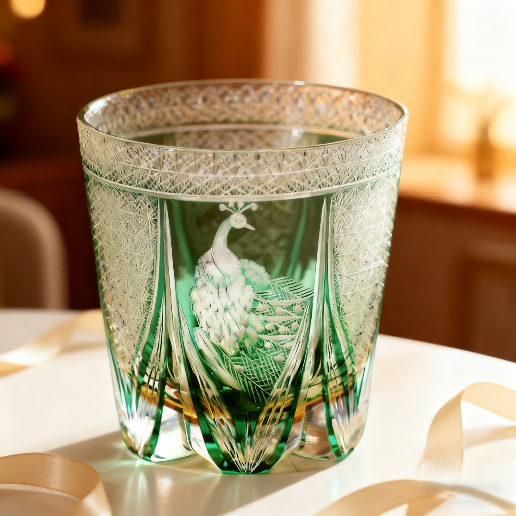 Edo Kiriko Handcrafted Peacock Motif Whisky Glass with Wooden Box - Je t'aime Resolute