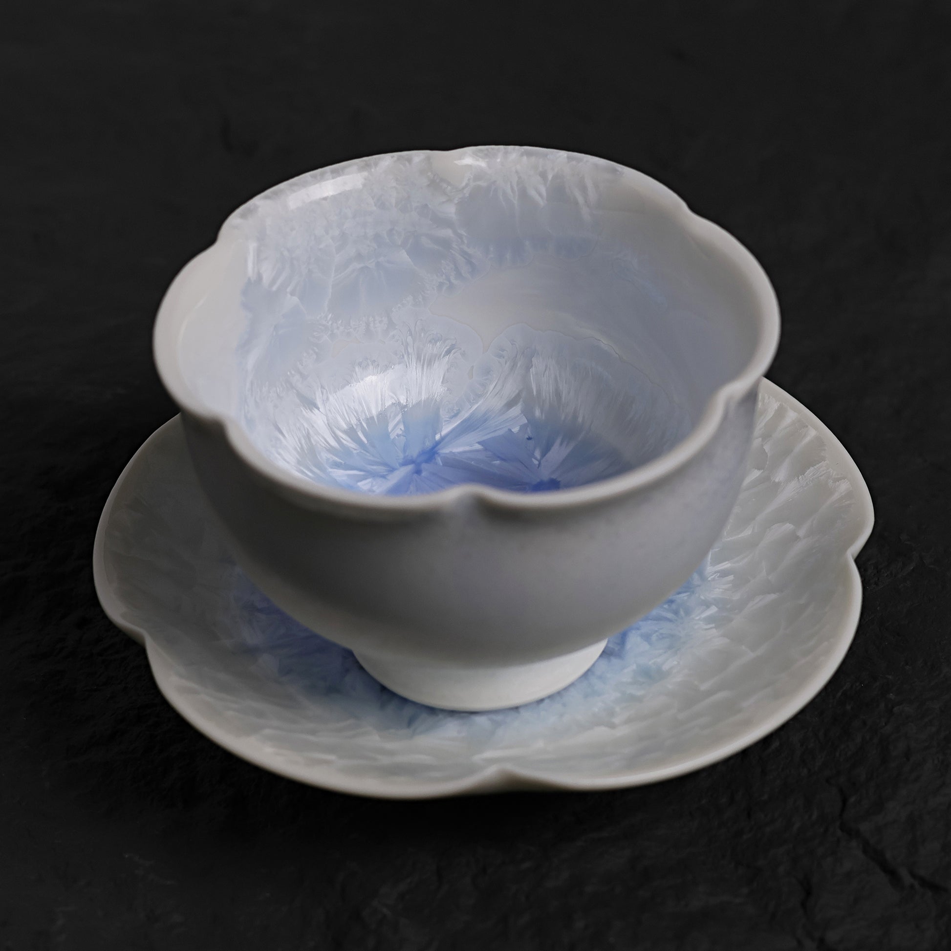 Marine Blue Crystalline Glaze Flower Tea Cup and Saucer Set – Handmade Ceramic Teaware - Je t'aime Resolute
