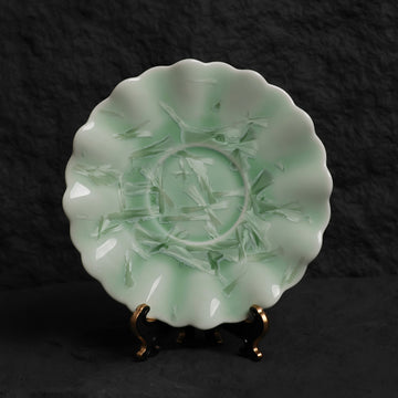 Pistachio Green Crystalline Glaze Tea Saucer – 6” Handmade Ceramic Plate with Interlaced Fan Crystal Patterns - Je t'aime Resolute