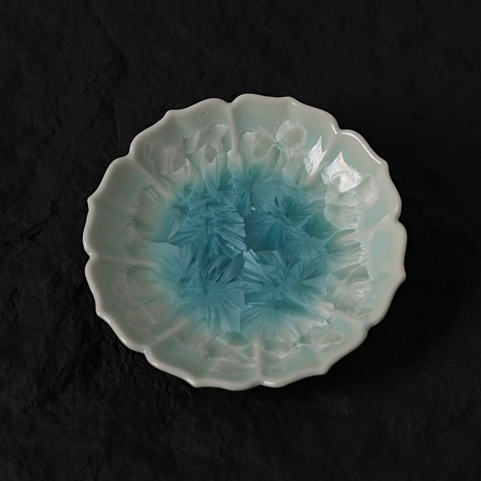 Ice Blue Crystalline Glaze Sunburst Edge Mini Dessert Plate – 4.1” Handmade Ceramic Plate - Je t'aime Resolute