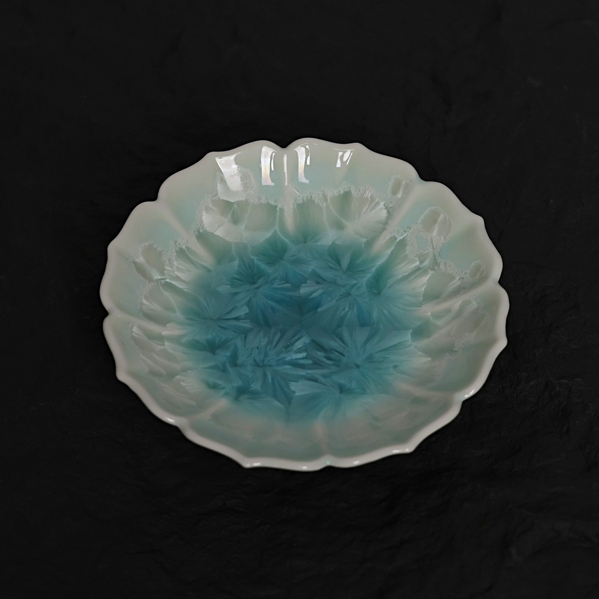 Ice Blue Crystalline Glaze Sunburst Edge Mini Dessert Plate – 4.1” Handmade Ceramic Plate - Je t'aime Resolute
