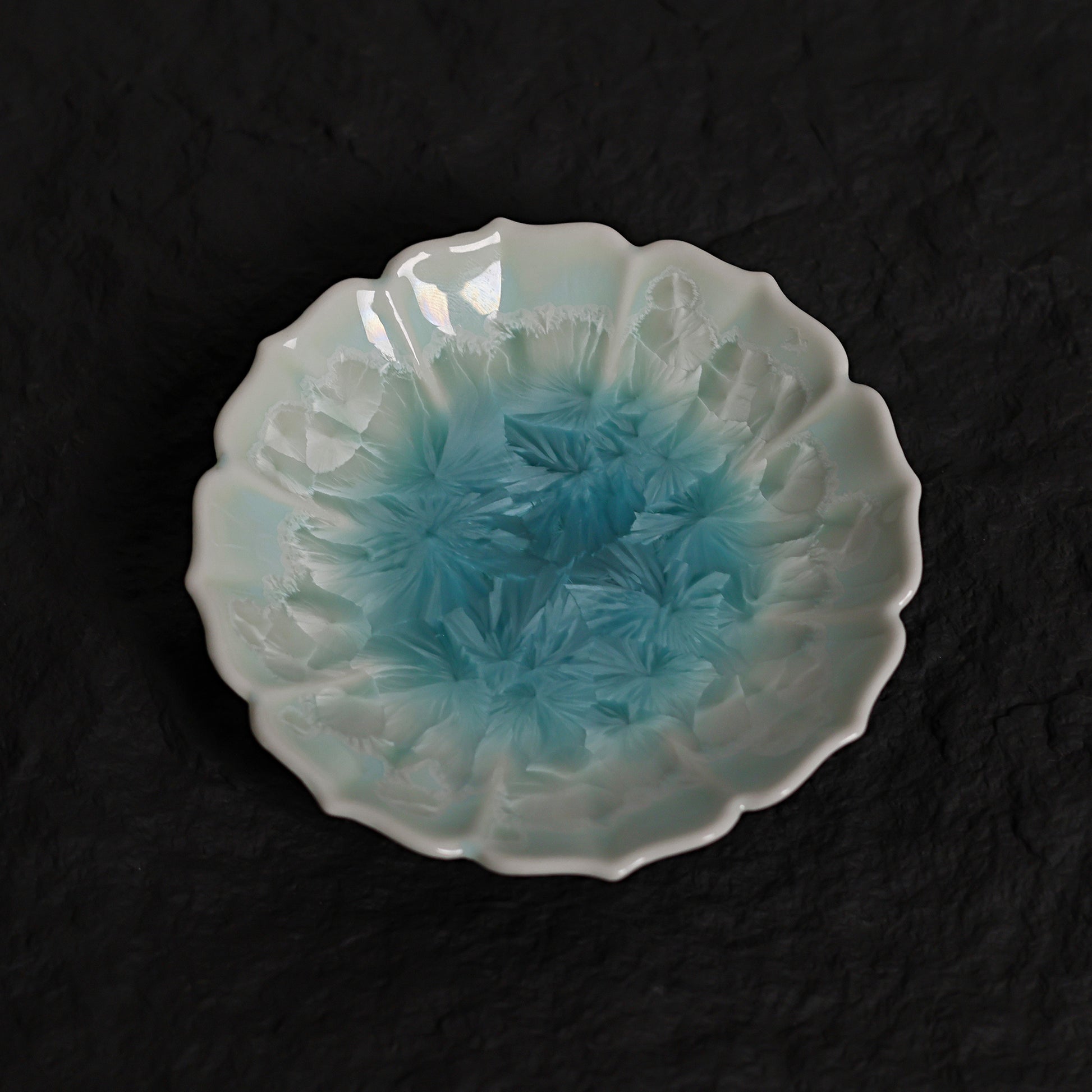 Ice Blue Crystalline Glaze Sunburst Edge Mini Dessert Plate – 4.1” Handmade Ceramic Plate - Je t'aime Resolute