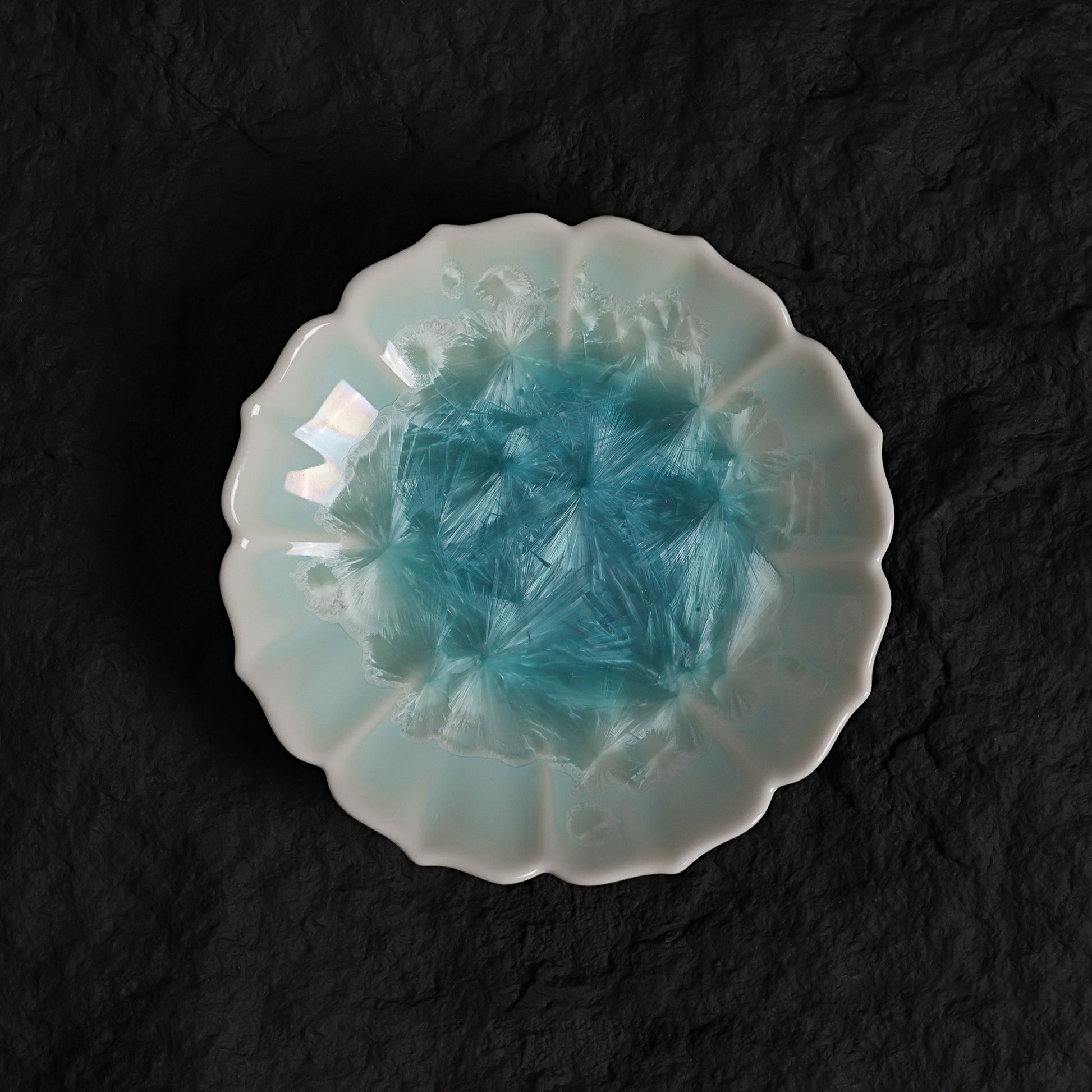Ice Blue Crystalline Glaze Bloom Edge Mini Dessert Plate – 4.1” Handmade Ceramic Plate with Glacier Texture - Je t'aime Resolute