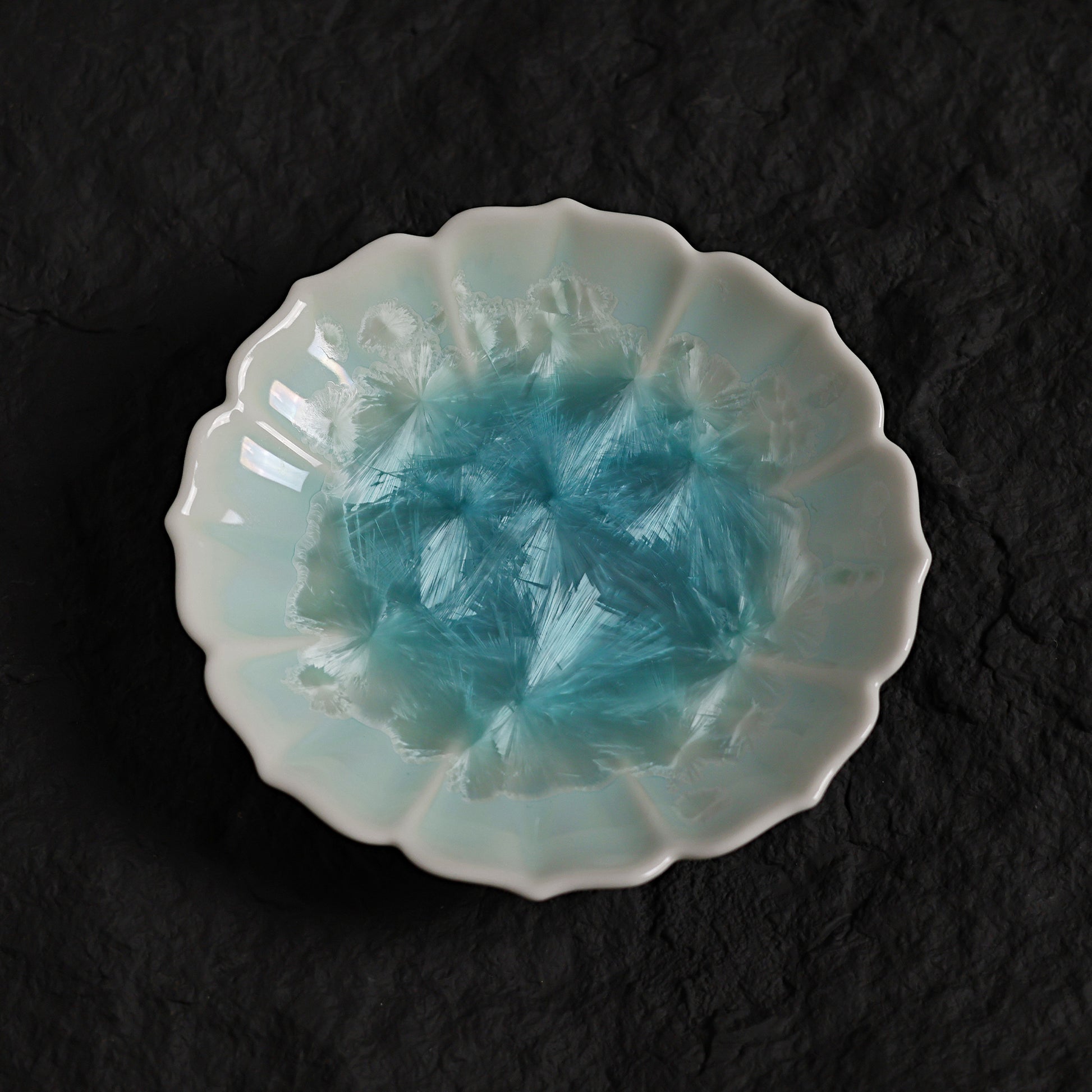 Ice Blue Crystalline Glaze Bloom Edge Mini Dessert Plate – 4.1” Handmade Ceramic Plate with Glacier Texture - Je t'aime Resolute