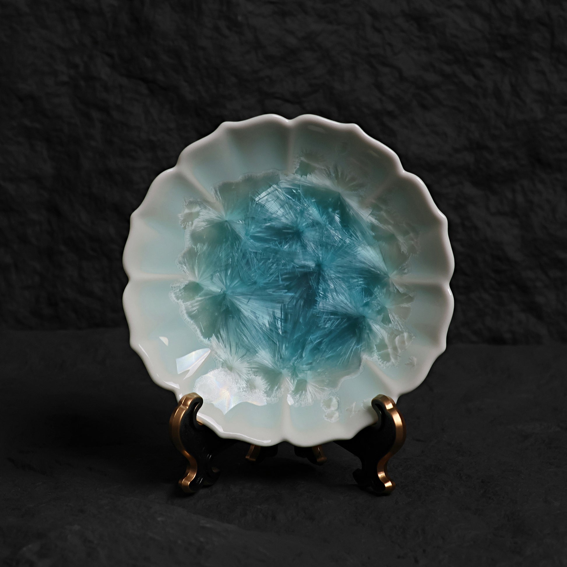 Ice Blue Crystalline Glaze Bloom Edge Mini Dessert Plate – 4.1” Handmade Ceramic Plate with Glacier Texture - Je t'aime Resolute