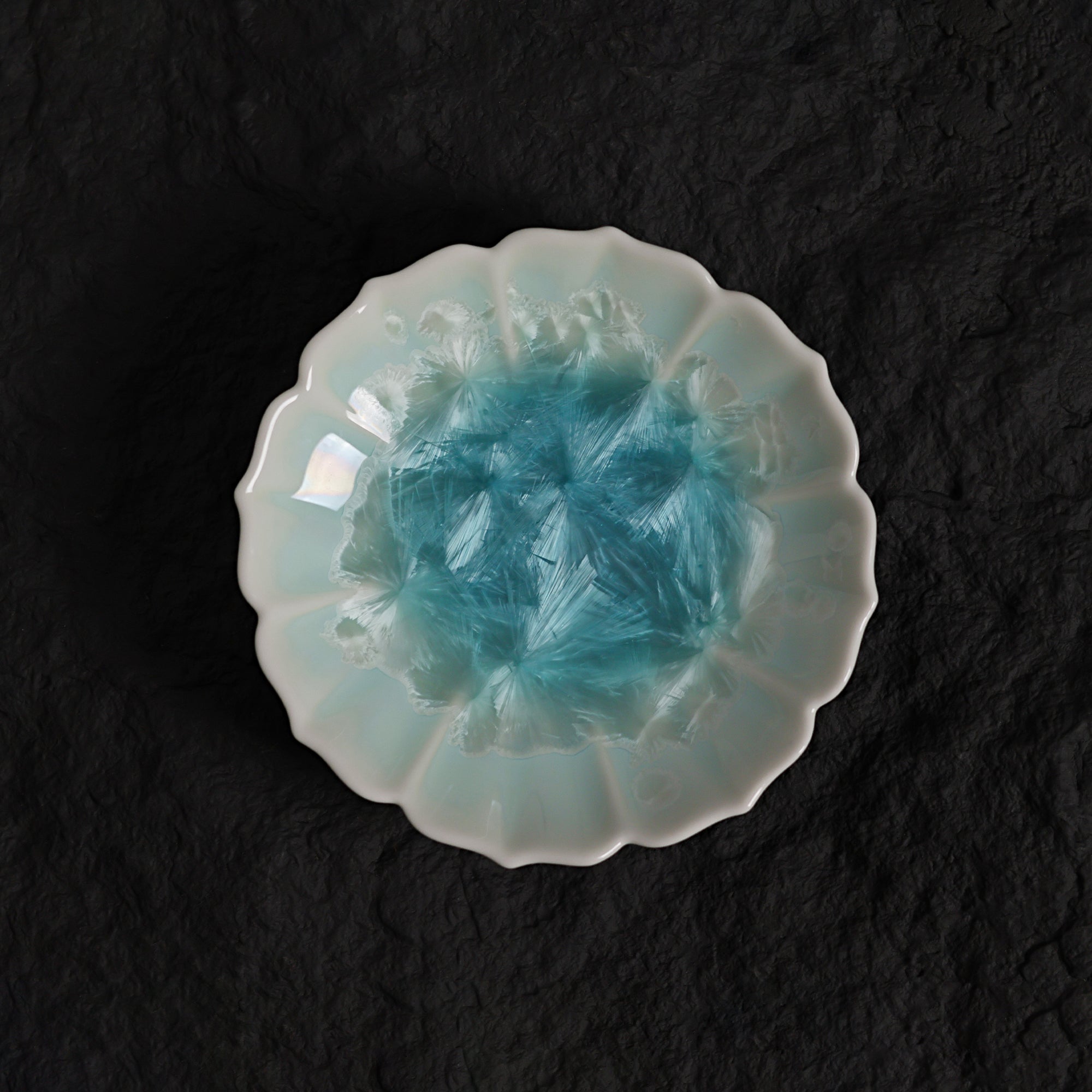 Ice Blue Crystalline Glaze Bloom Edge Mini Dessert Plate – 4.1” Handmade Ceramic Plate with Glacier Texture - Je t'aime Resolute