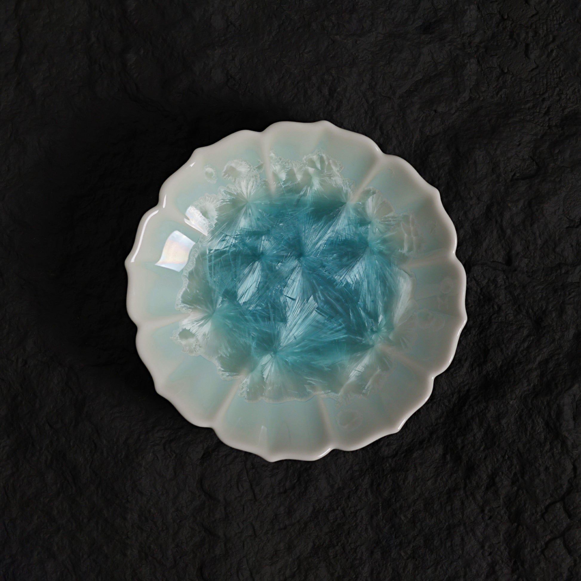 Ice Blue Crystalline Glaze Bloom Edge Mini Dessert Plate – 4.1” Handmade Ceramic Plate with Glacier Texture - Je t'aime Resolute