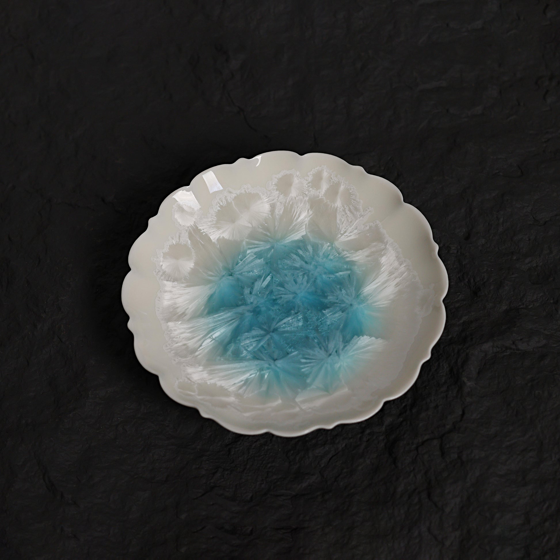 Ice White-Blue Crystalline Glaze Floral Edge Mini Dessert Plate – 4.1”Handmade Ceramic Plate - Je t'aime Resolute