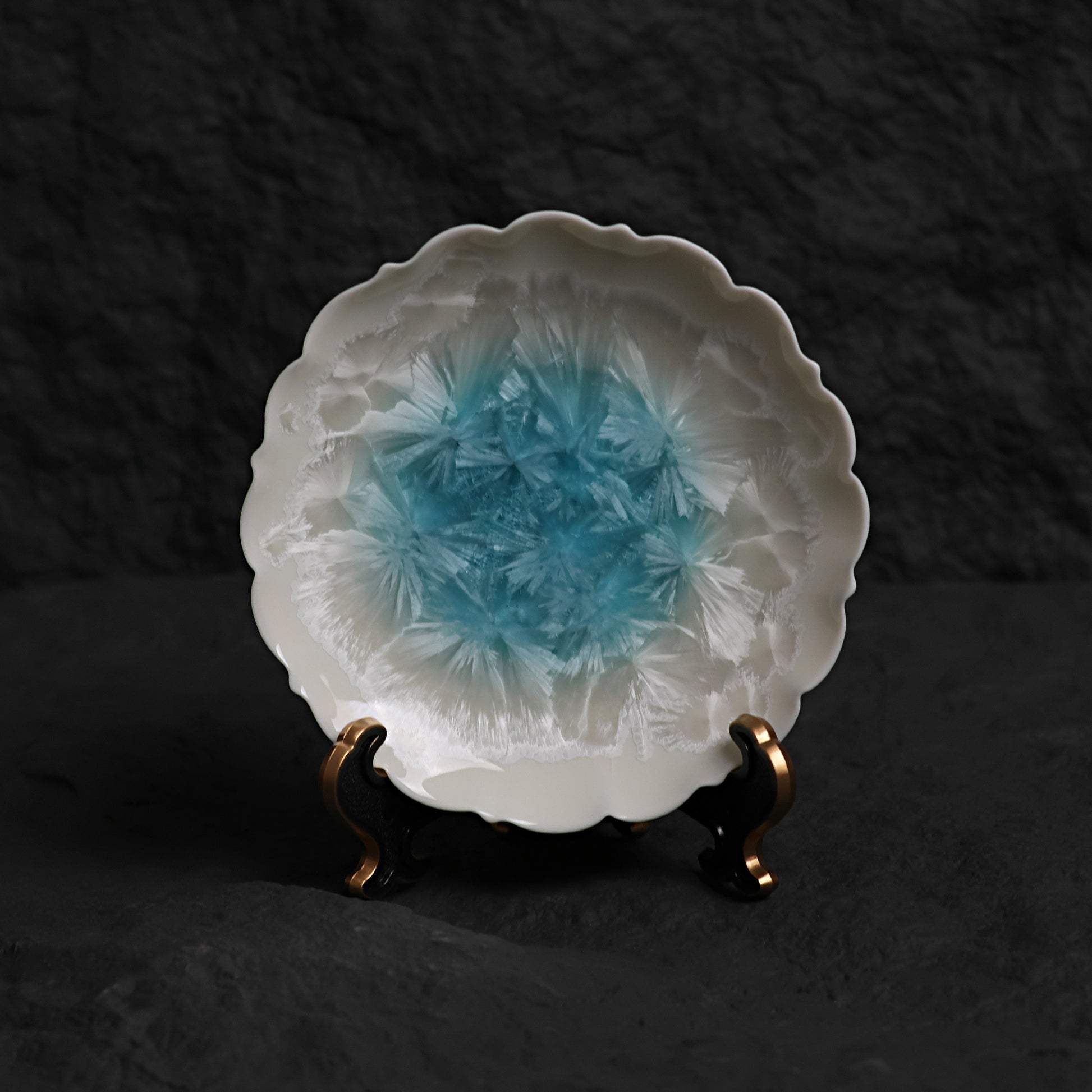 Ice White-Blue Crystalline Glaze Floral Edge Mini Dessert Plate – 4.1”Handmade Ceramic Plate - Je t'aime Resolute