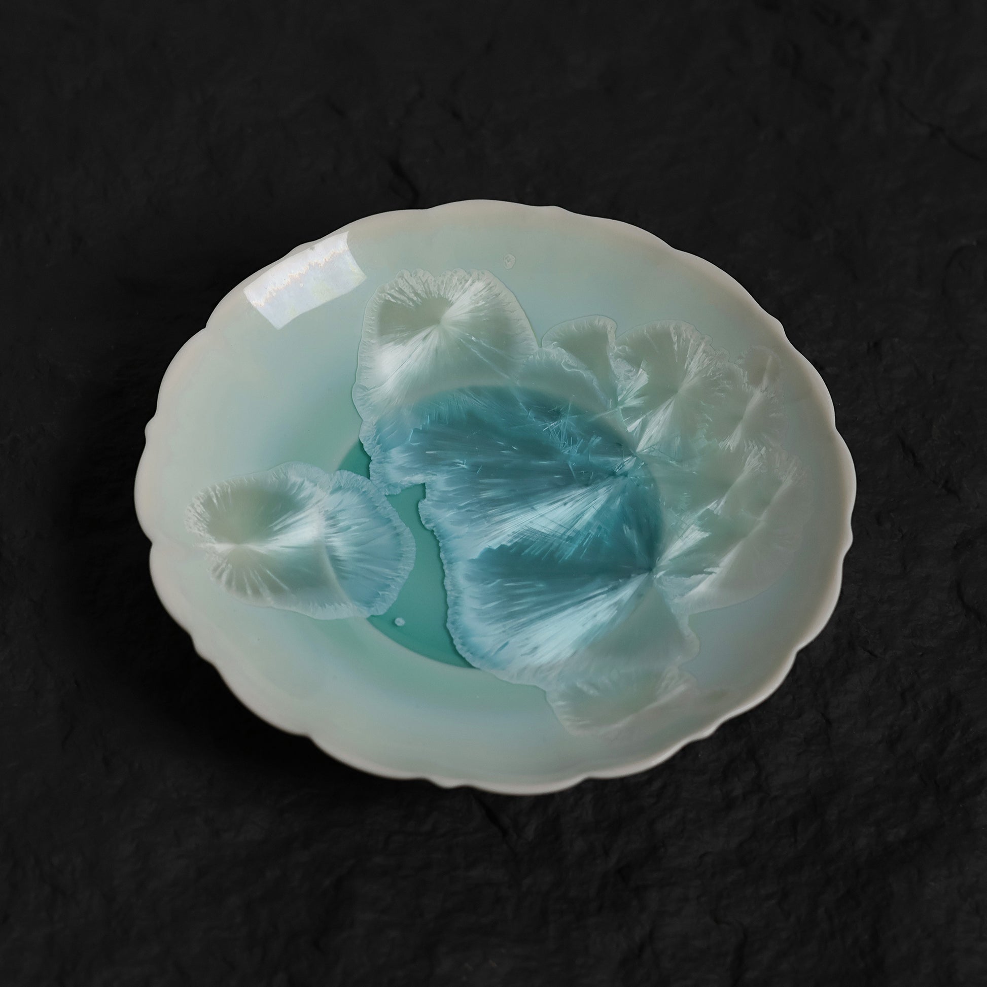 Ice Blue Crystalline Glaze Mini Dessert Plate – 4.1” Handmade Ceramic Plate with Crystal Bloom Pattern - Je t'aime Resolute