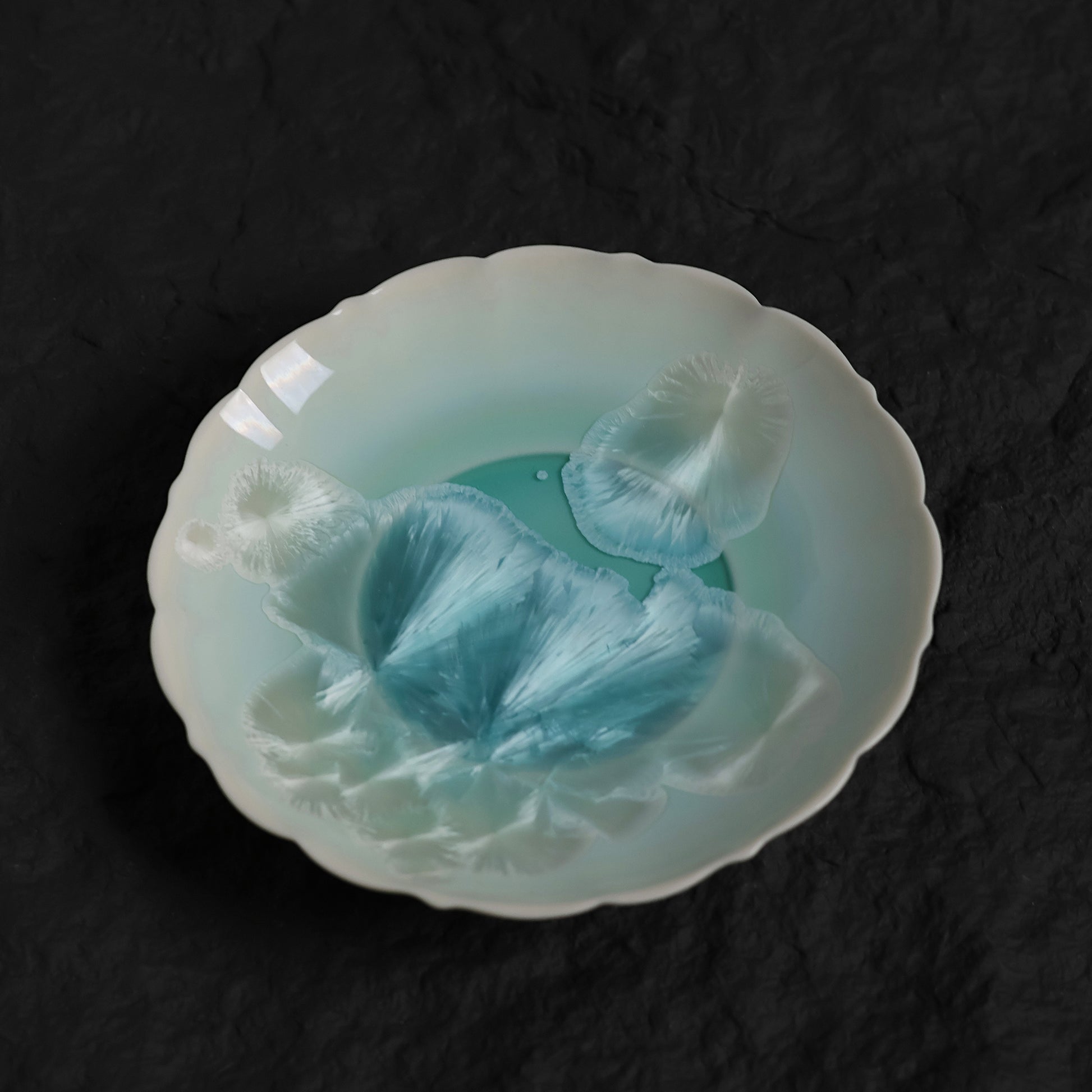 Ice Blue Crystalline Glaze Mini Dessert Plate – 4.1” Handmade Ceramic Plate with Crystal Bloom Pattern - Je t'aime Resolute