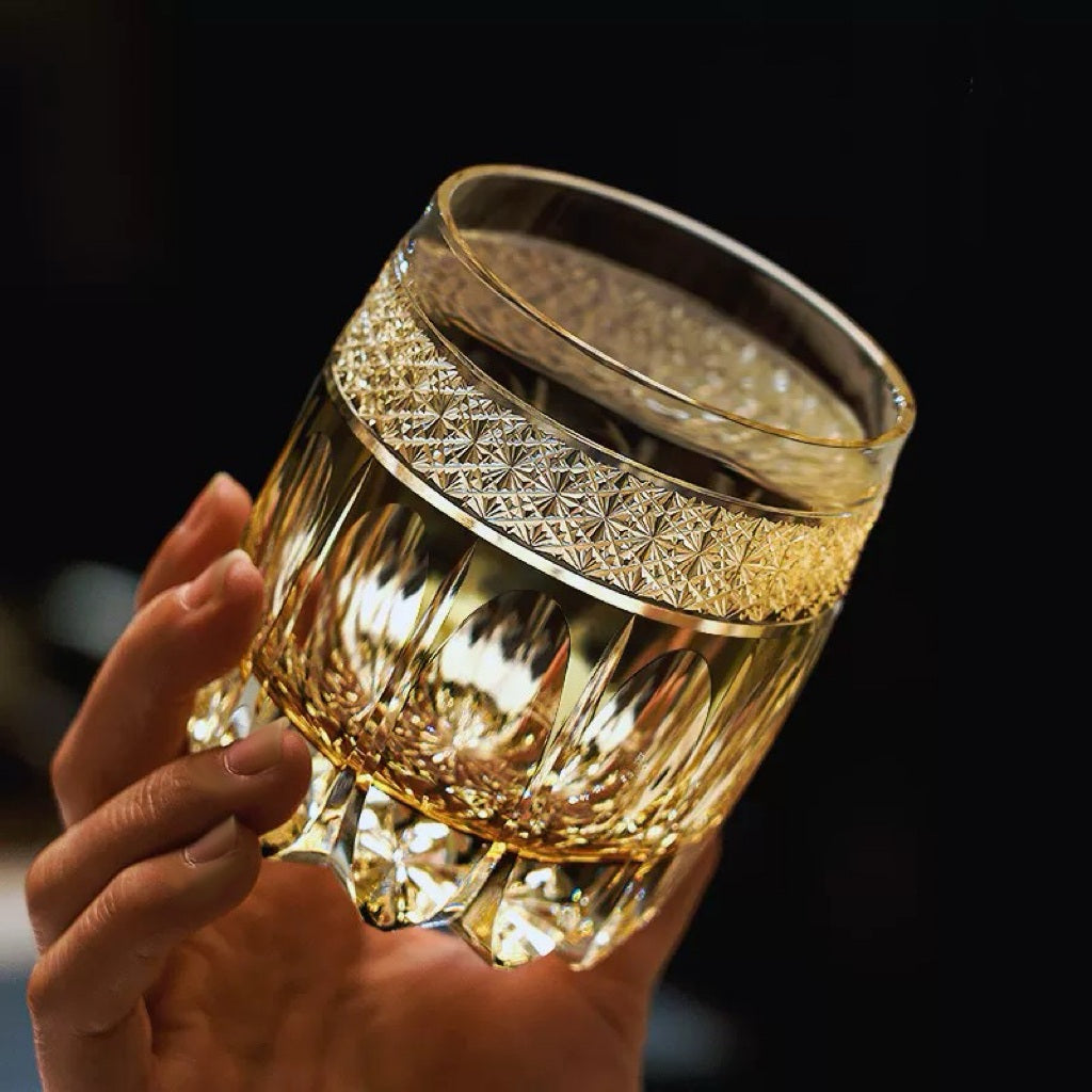 Edo Kiriko Handcrafted Grey Amber Whiskey Glass