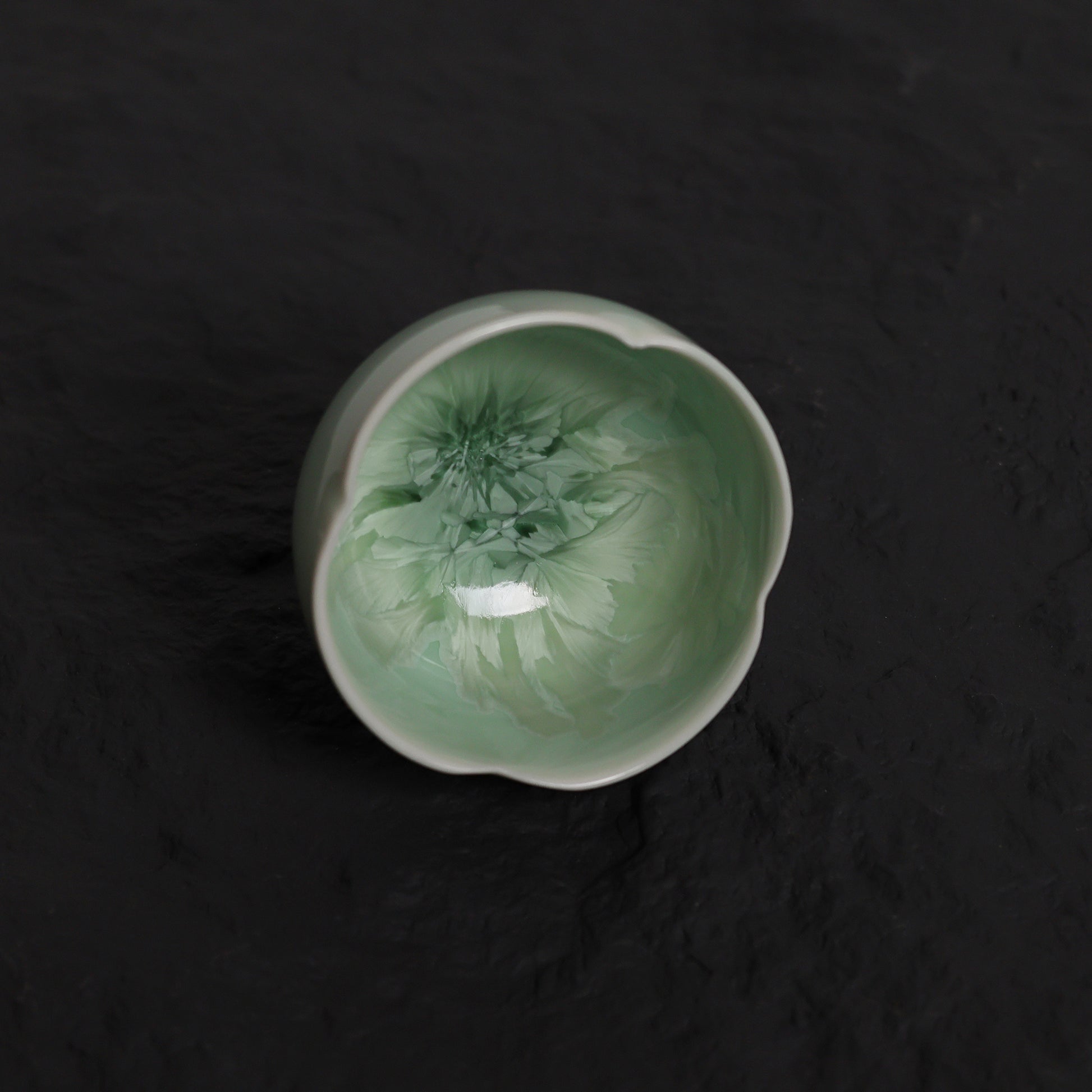 Pistachio Green Crystalline Glaze Tea Cup Set – Handmade Mini Teacup with Fan Crystal Saucer - Je t'aime Resolute