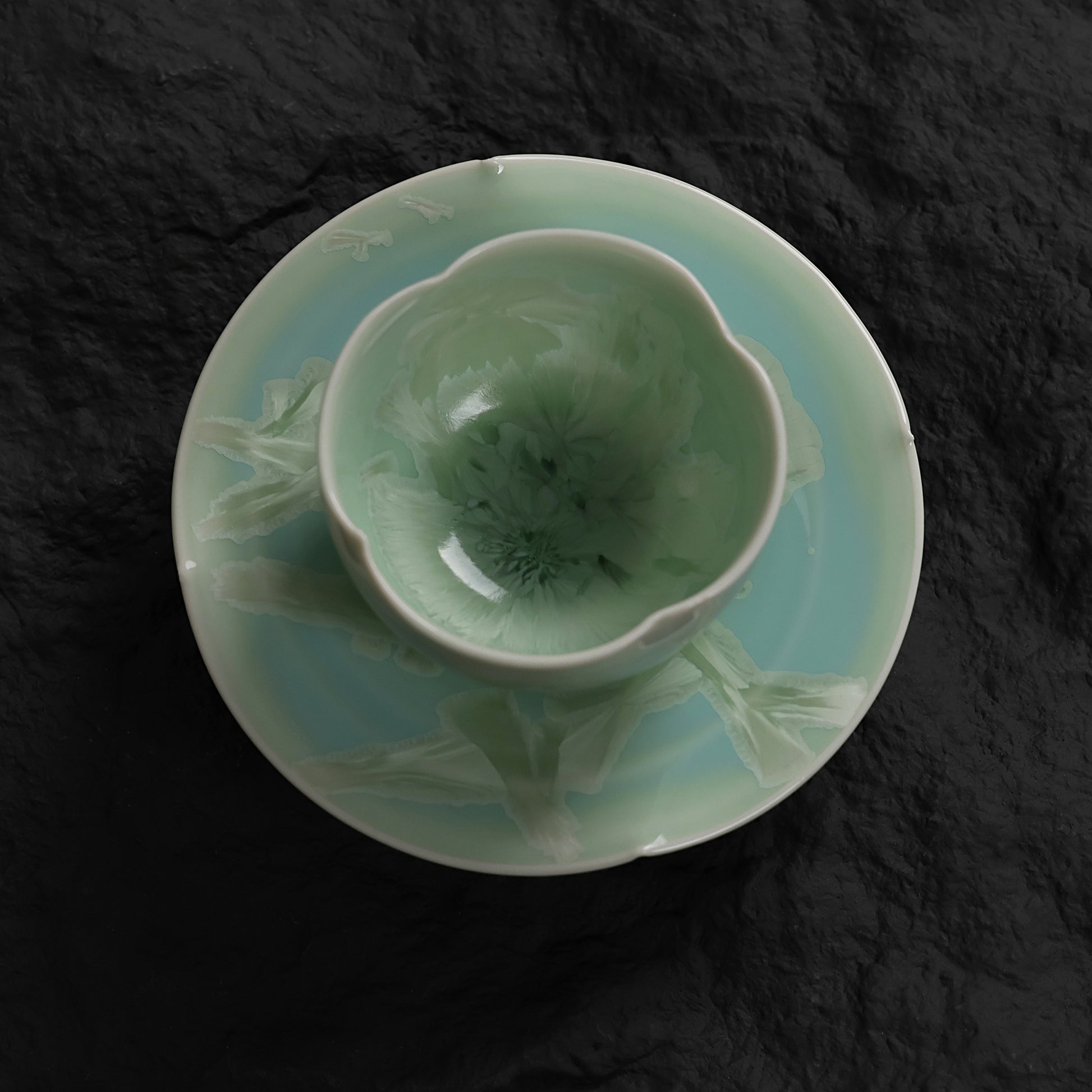Pistachio Green Crystalline Glaze Tea Cup Set – Handmade Mini Teacup with Fan Crystal Saucer - Je t'aime Resolute