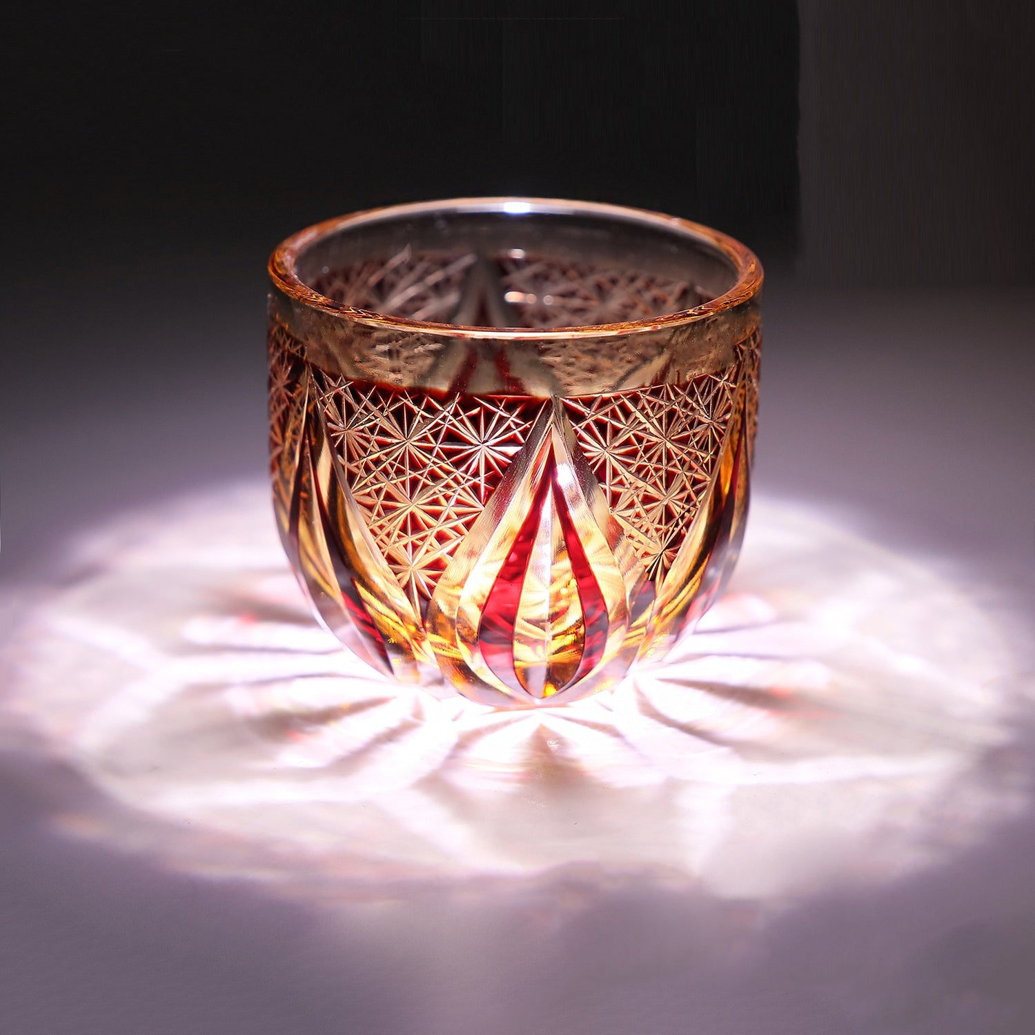 Edo Kiriko Handcrafted Red-Amber Crystal Sake Glass - Je t'aime Resolute