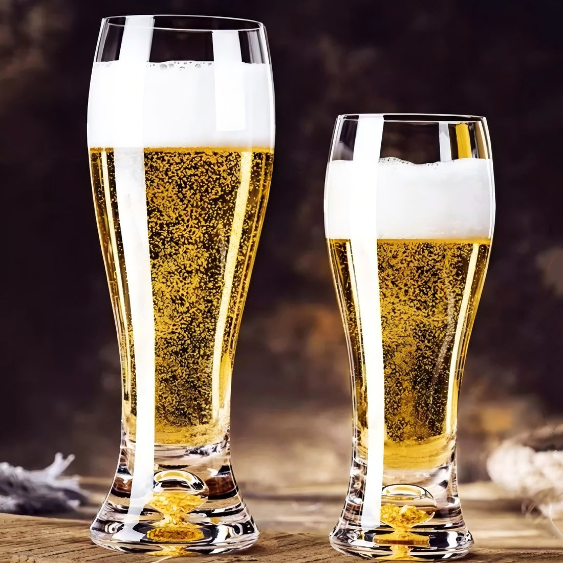 Gold leaf beer mug set with clear cups on a reflective surface
