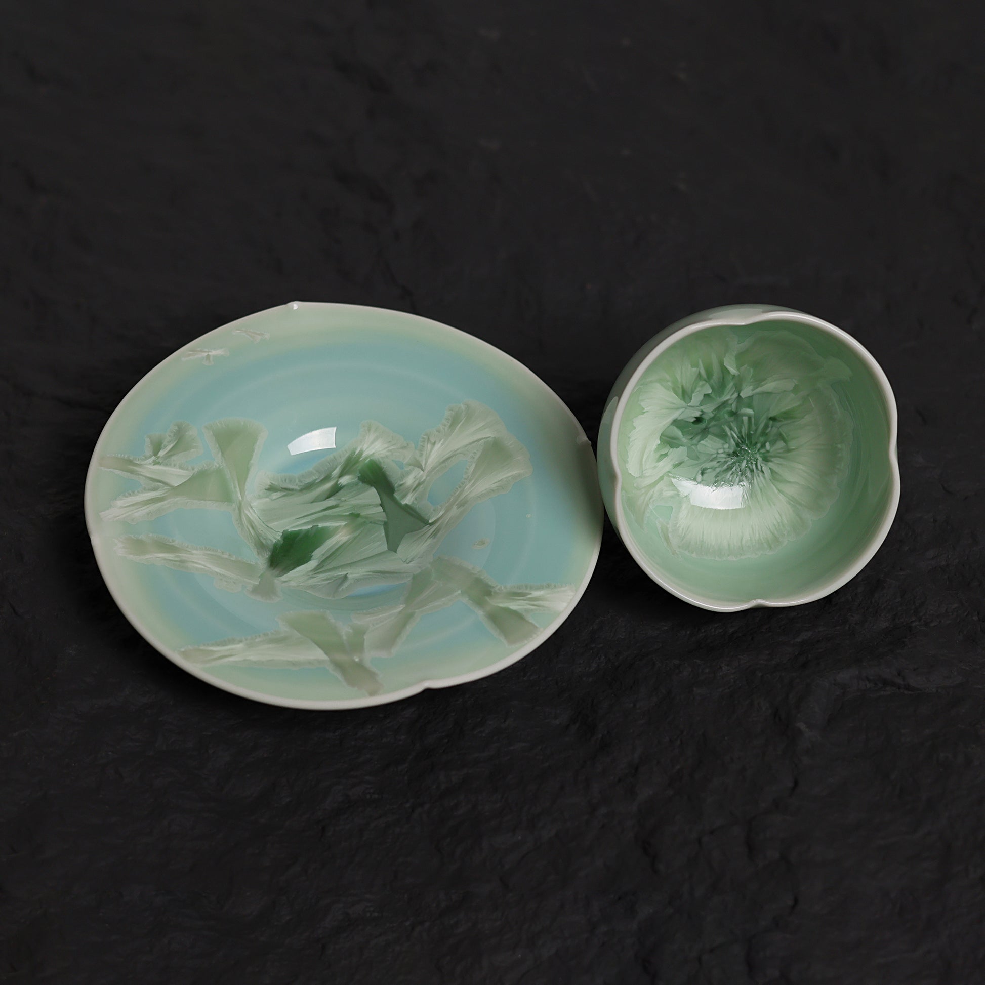 Pistachio Green Crystalline Glaze Tea Cup Set – Handmade Mini Teacup with Fan Crystal Saucer - Je t'aime Resolute
