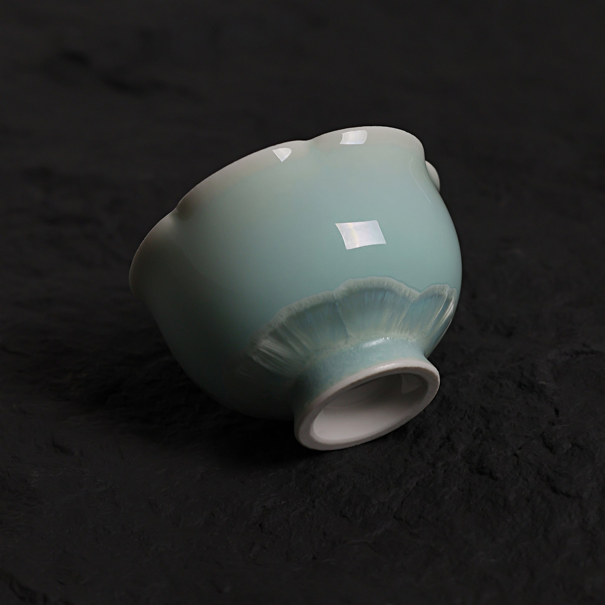 Blue-Green Crystalline Glaze Floral Rim Tea Cup – 3.1” Handmade Ceramic Teaware - Je t'aime Resolute