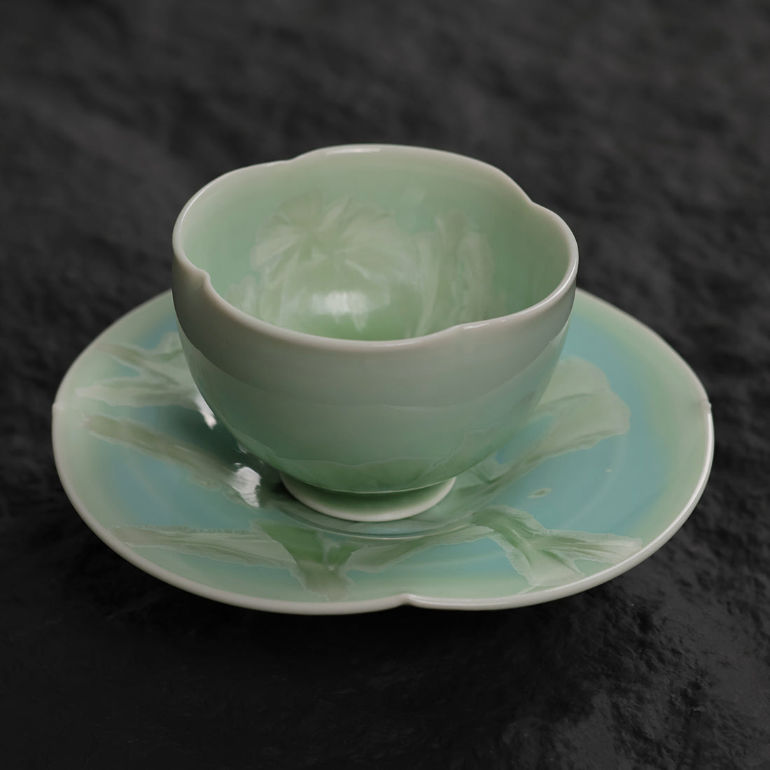 Pistachio Green Crystalline Glaze Tea Cup Set – Handmade Mini Teacup with Fan Crystal Saucer - Je t'aime Resolute