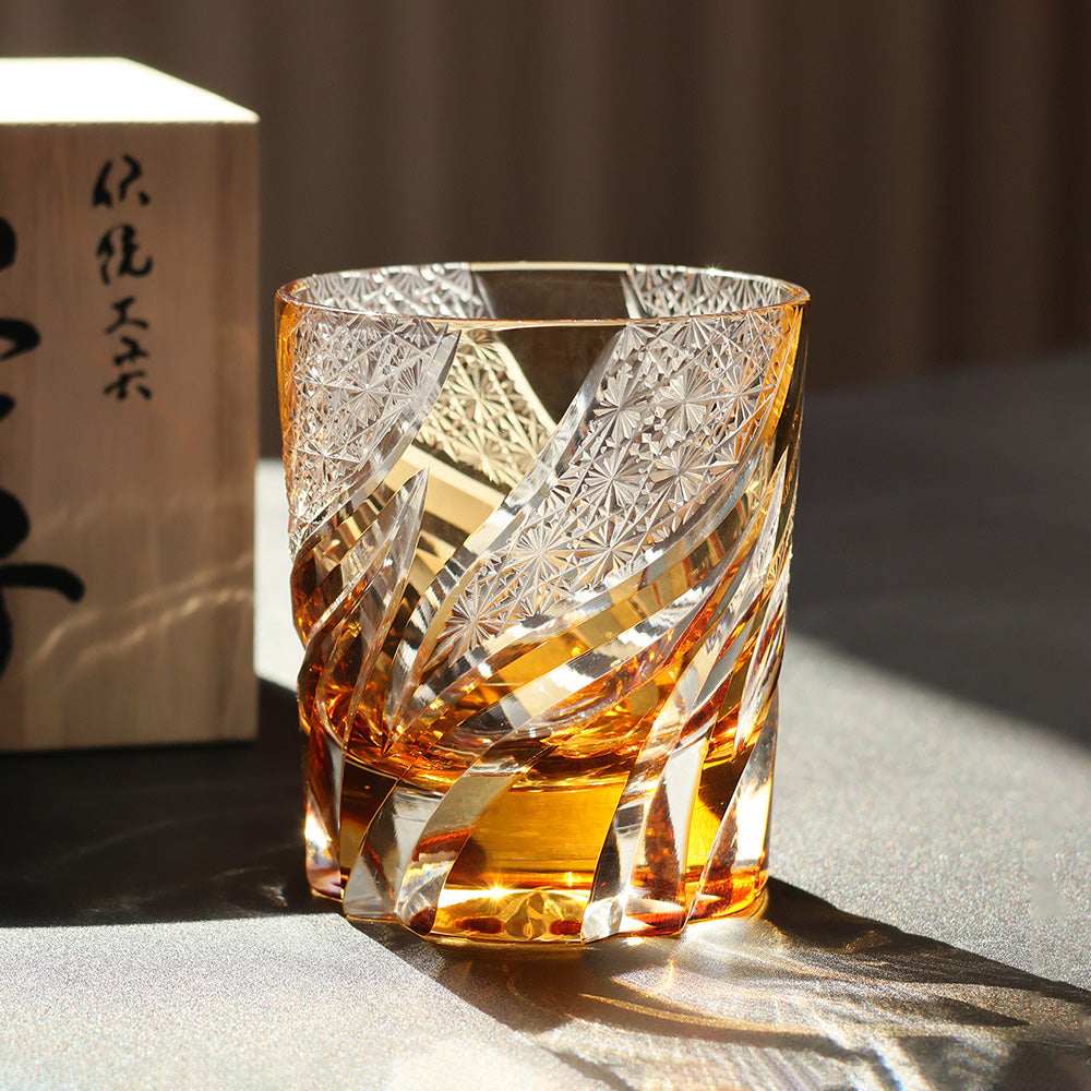 Edo Kiriko Hand-Cut Emberlight Amber Crystal Whiskey Glass
