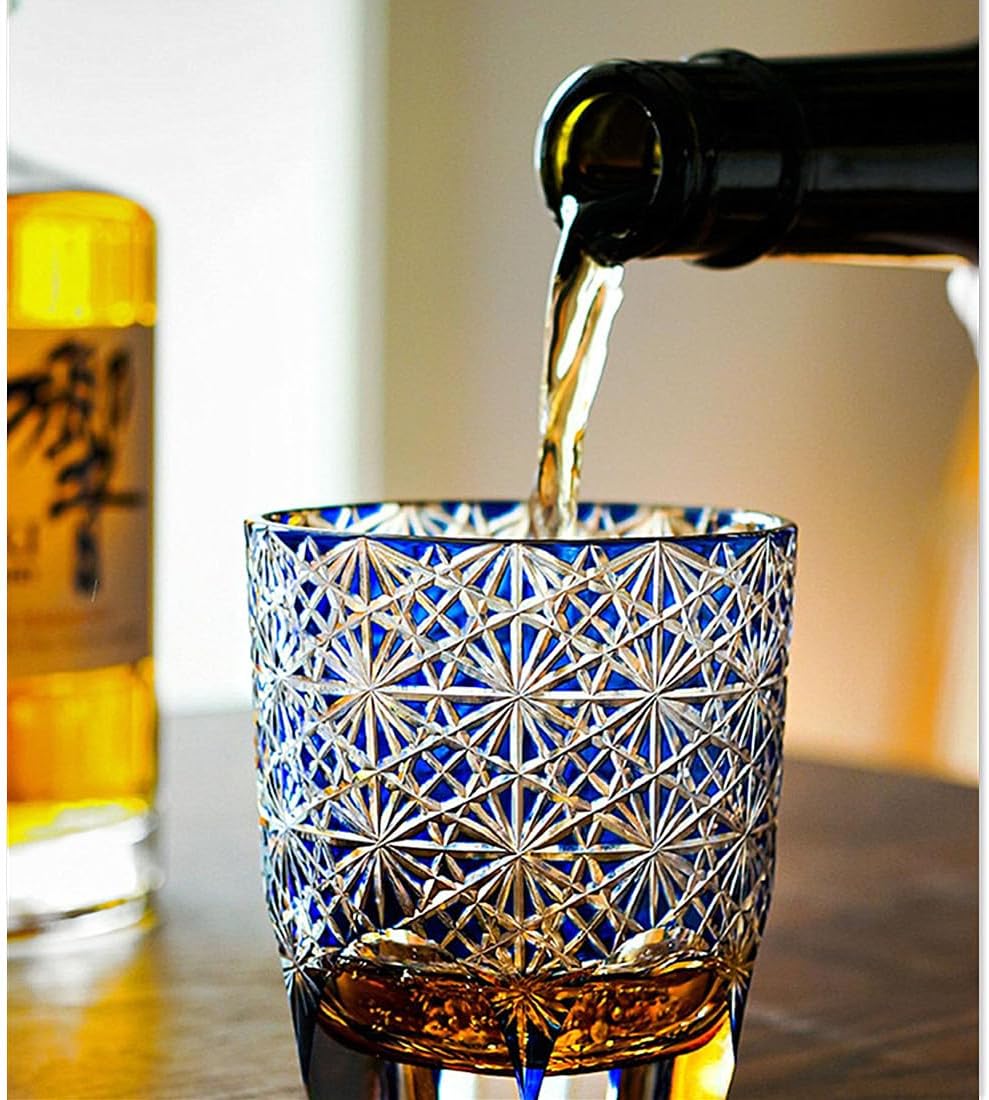 Edo Kiriko Handcrafted Blue Wave Daisy Whisky Glass with wooden box - Je t'aime Resolute