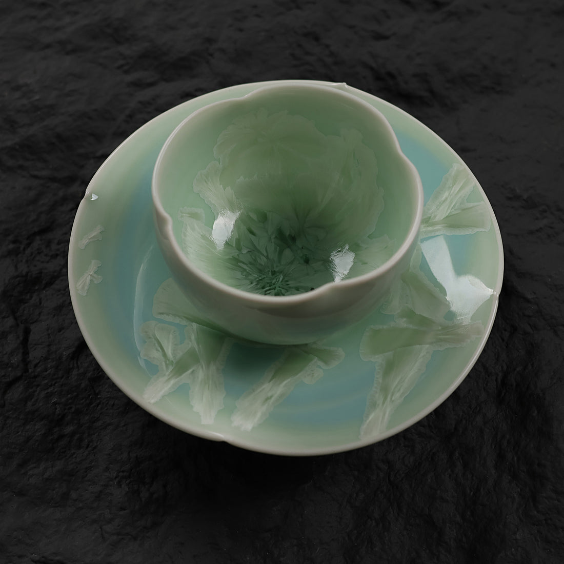 Pistachio Green Crystalline Glaze Tea Cup Set – Handmade Mini Teacup with Fan Crystal Saucer - Je t'aime Resolute