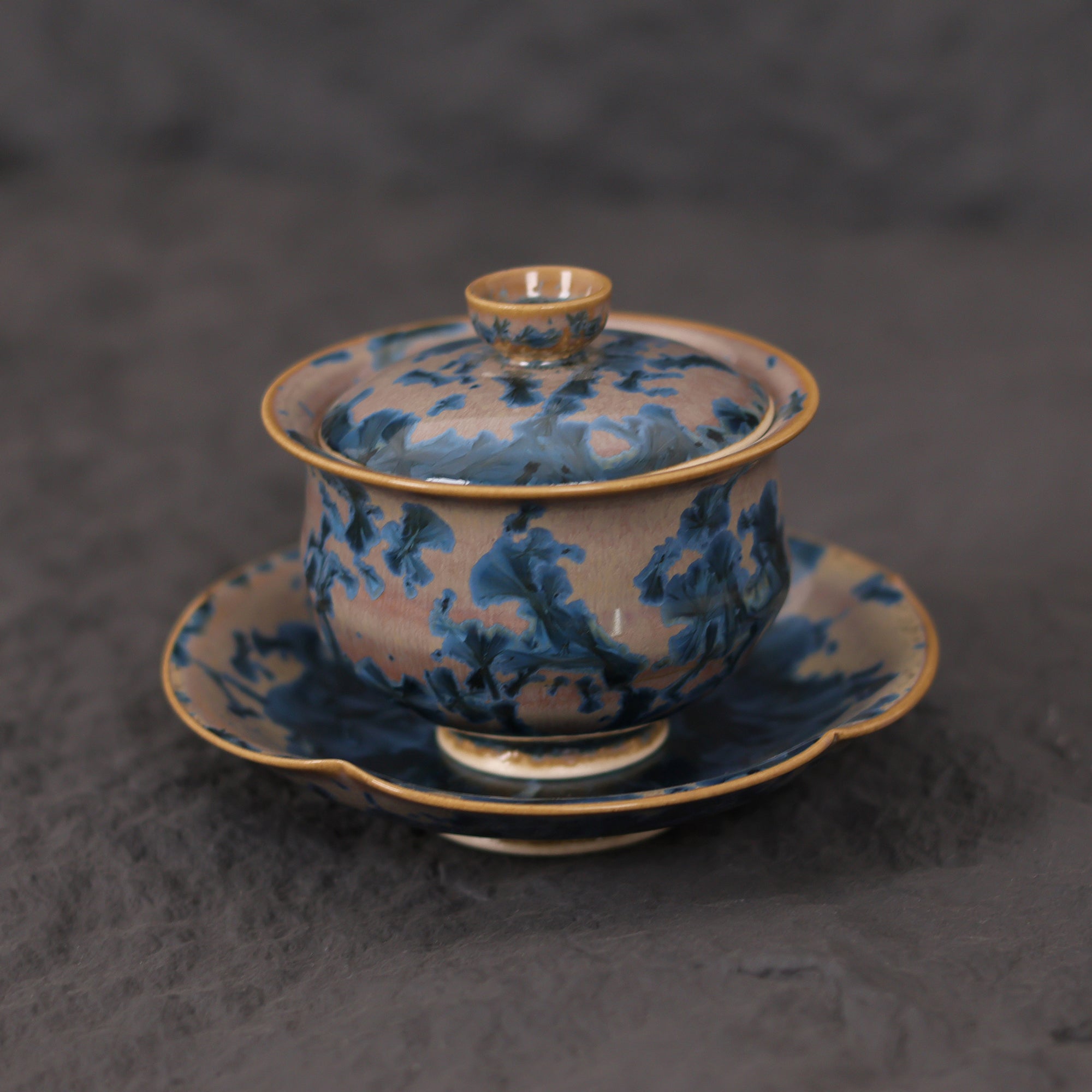 Indigo Bloom | Handmade Ceramic Crystalline Glaze Chinese Tea Bowl & Saucer Set