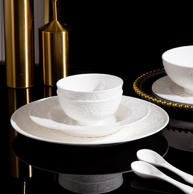 INGRI White Embossed – Handcrafted Bone China Dinnerware Set (Individual Piece) - Je t'aime Resolute