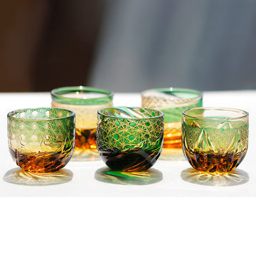 Edo Kiriko Handcrafted Green-Amber Crystal Sake Glass