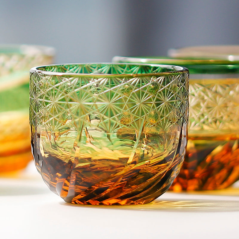 Edo Kiriko Handcrafted Green-Amber Crystal Sake Glass - Je t'aime Resolute