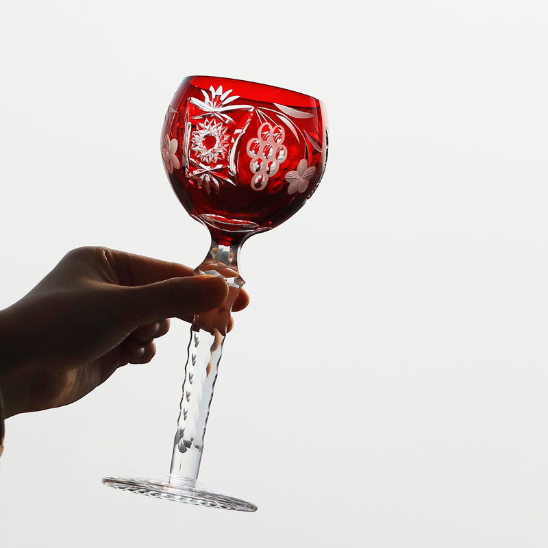 Edo Kiriko Handcrafted Floral Crystal Stemmed Wine Glass