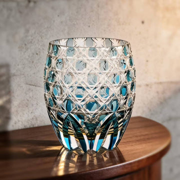 Edo Kiriko Hand-cut Kagome Teal Blue Crystal Whiskey Glass
