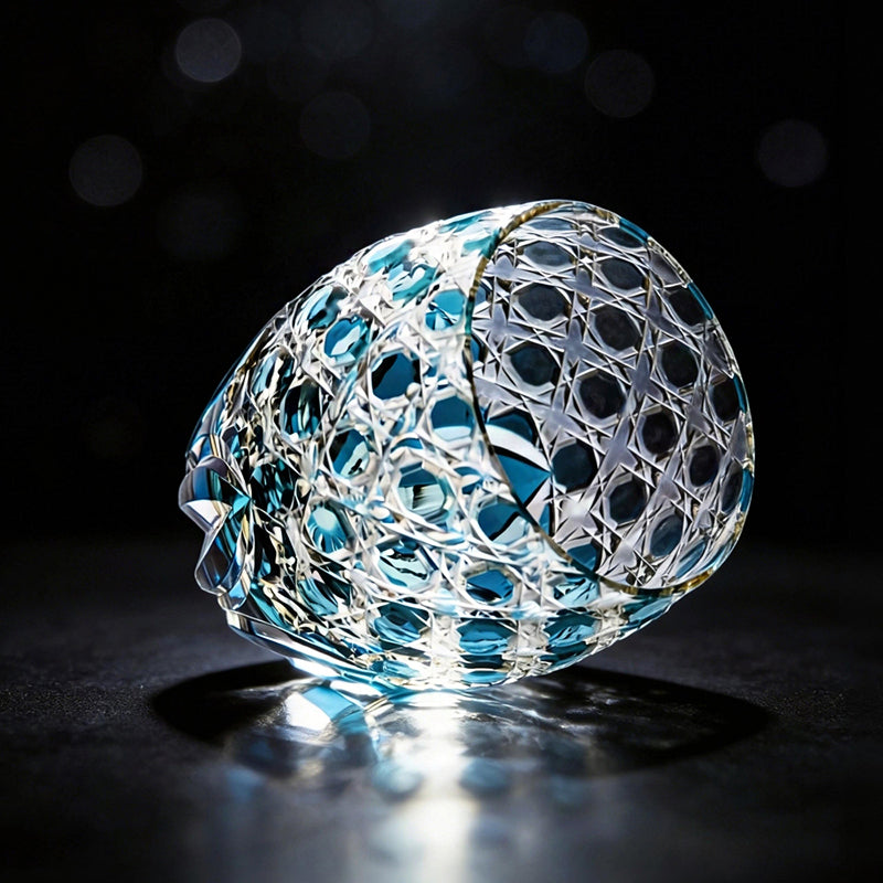 Edo Kiriko Hand-cut Kagome Teal Blue Crystal Whiskey Glass