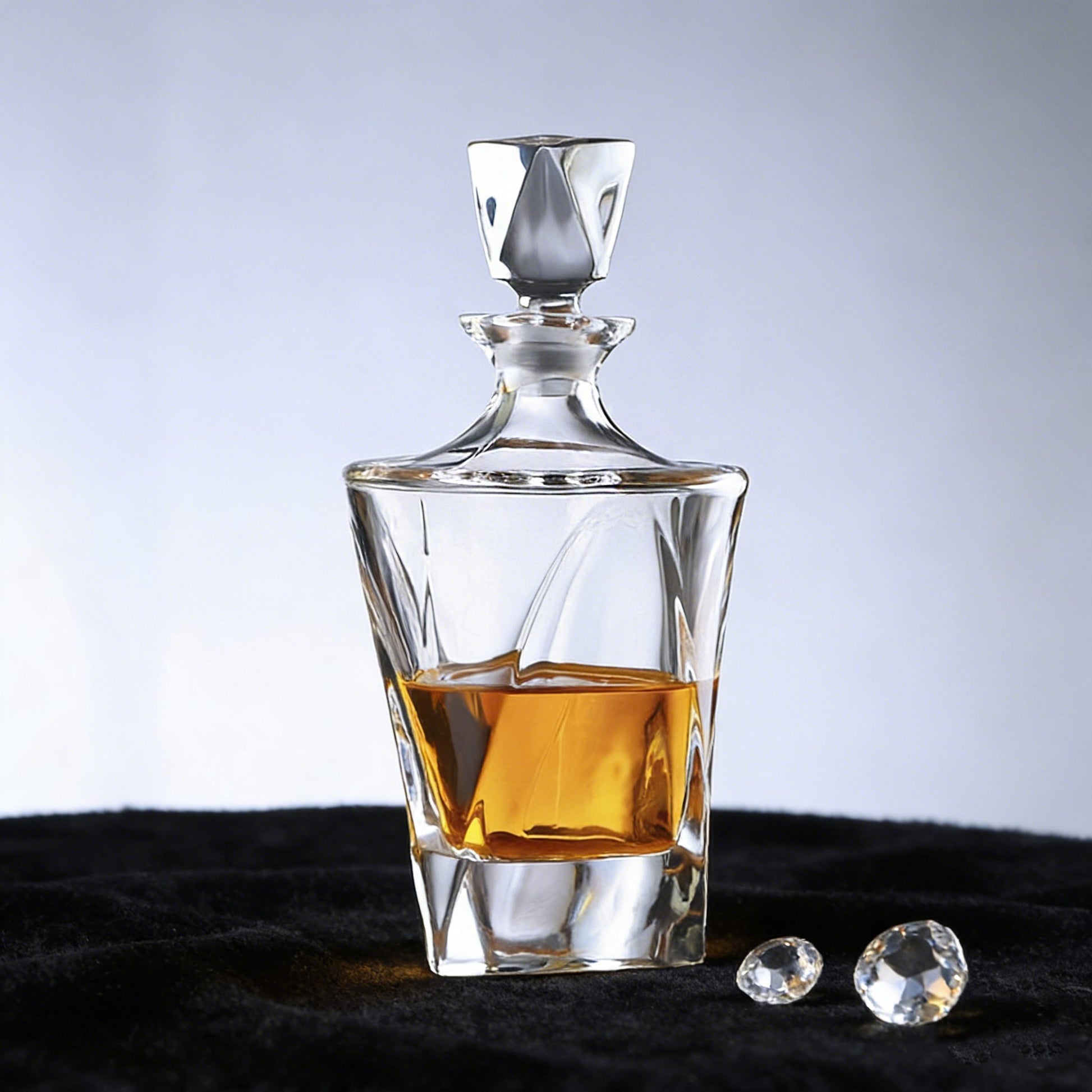 Clear glass whiskey decanter with a small glass filled with whiskey on a dark surface.