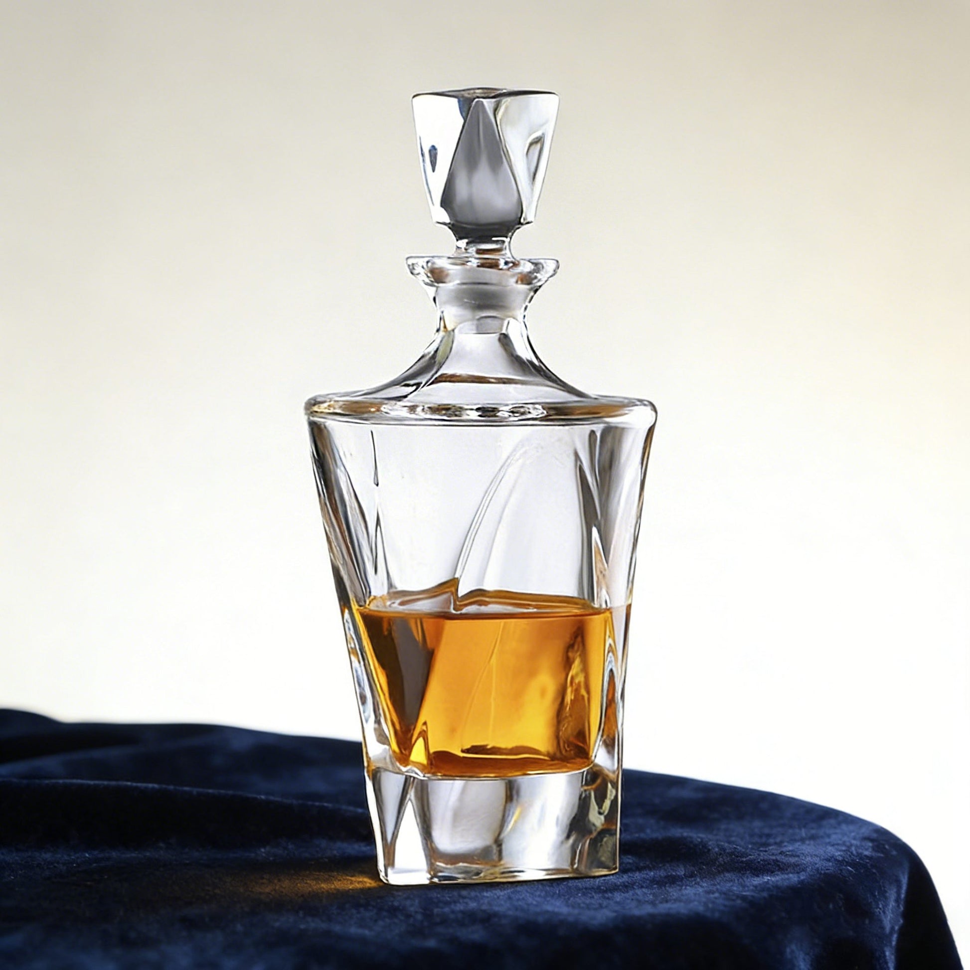 Glass whiskey decanter with a dark liquid on a blue surface