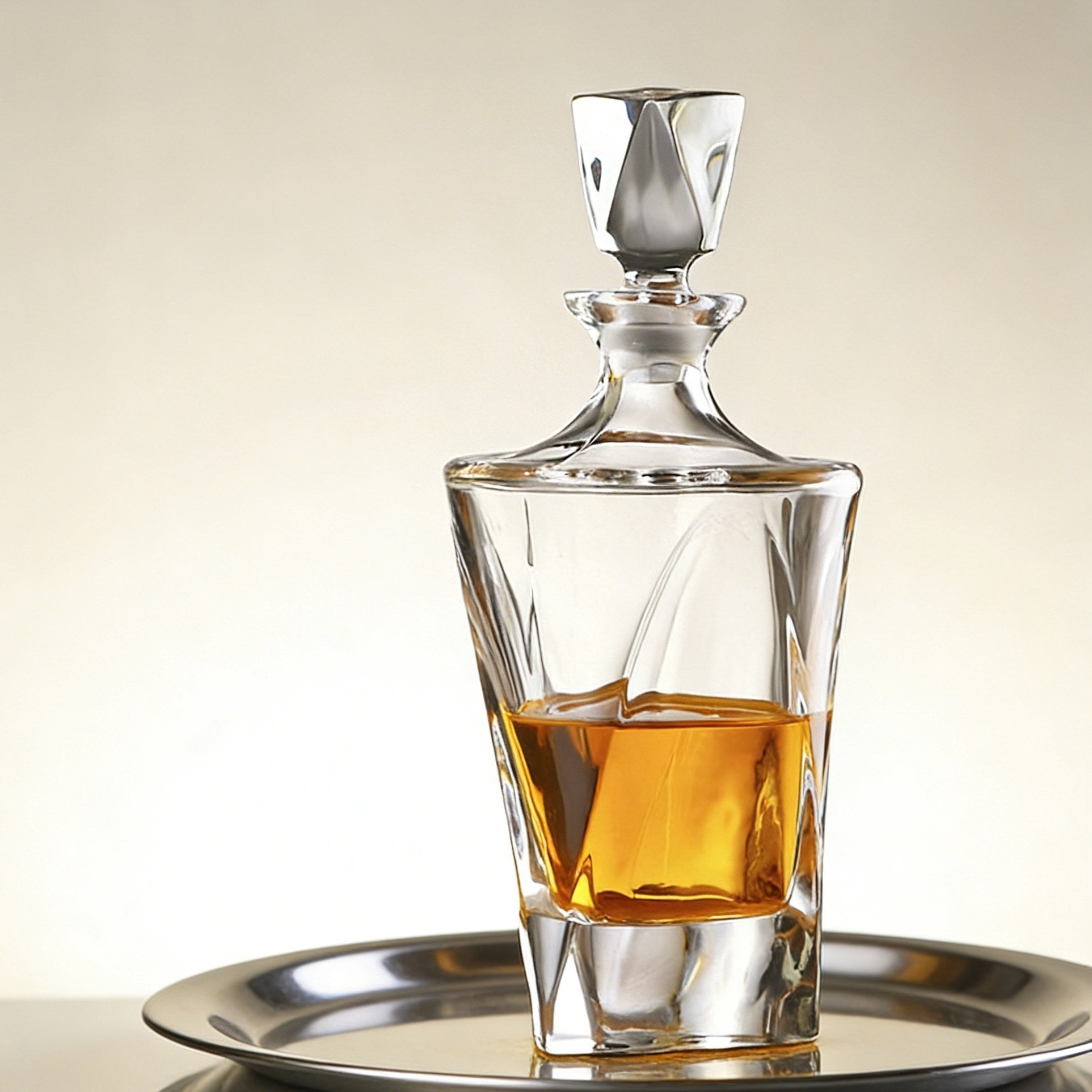 Clear glass whiskey decanter with amber liquid on a reflective surface