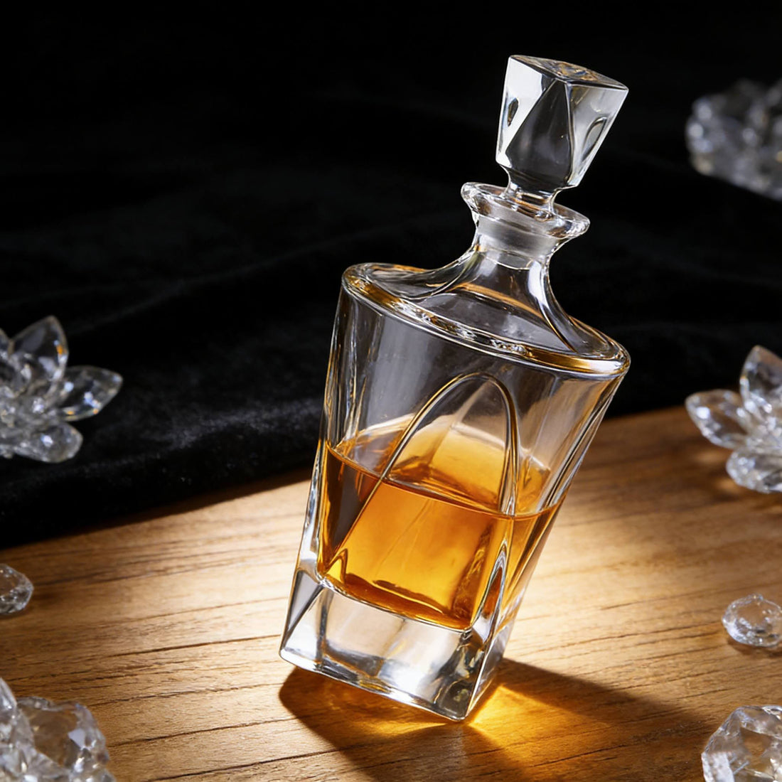 Clear glass whiskey decanter with a small glass filled with whiskey on a dark surface.