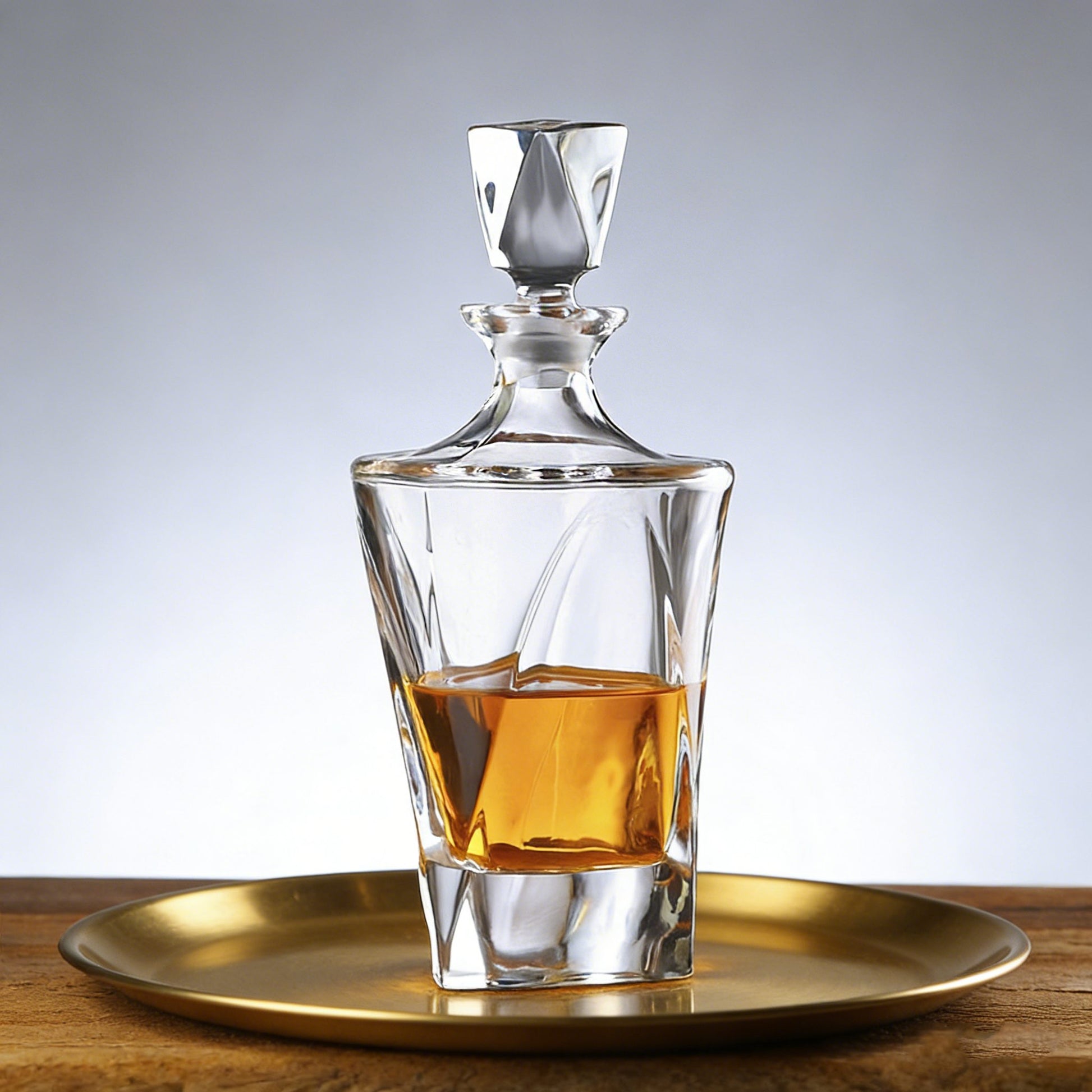 Clear glass whiskey decanter with a gold tray on a wooden surface