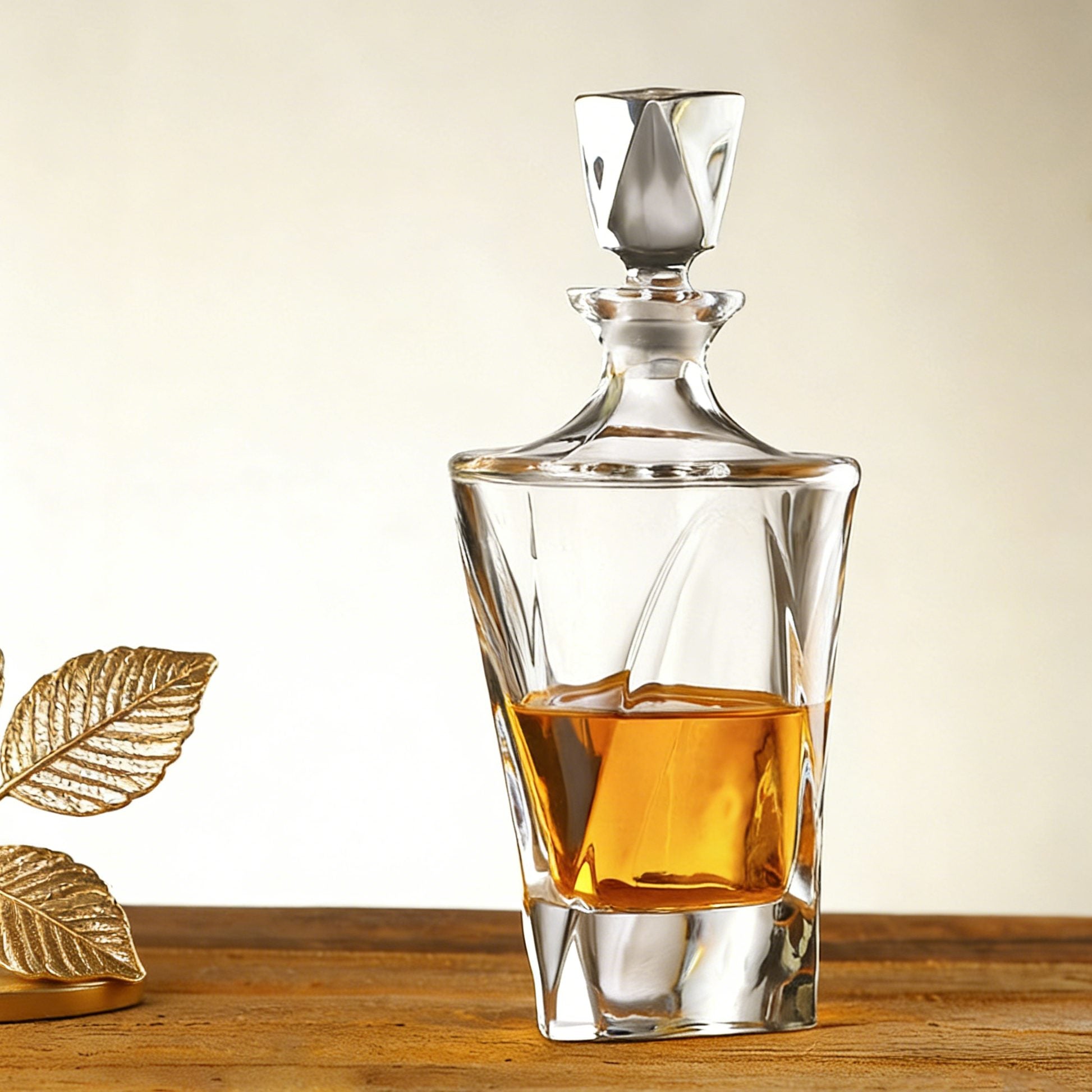 Clear glass whiskey decanter with amber liquid on a wooden surface.