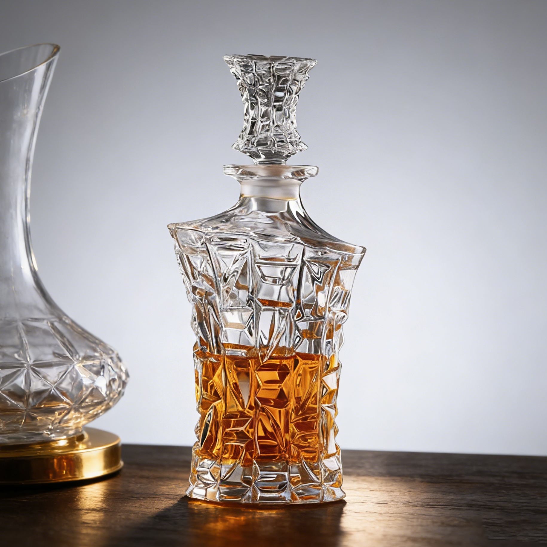 Crystal whiskey decanter with intricate design on a wooden surface