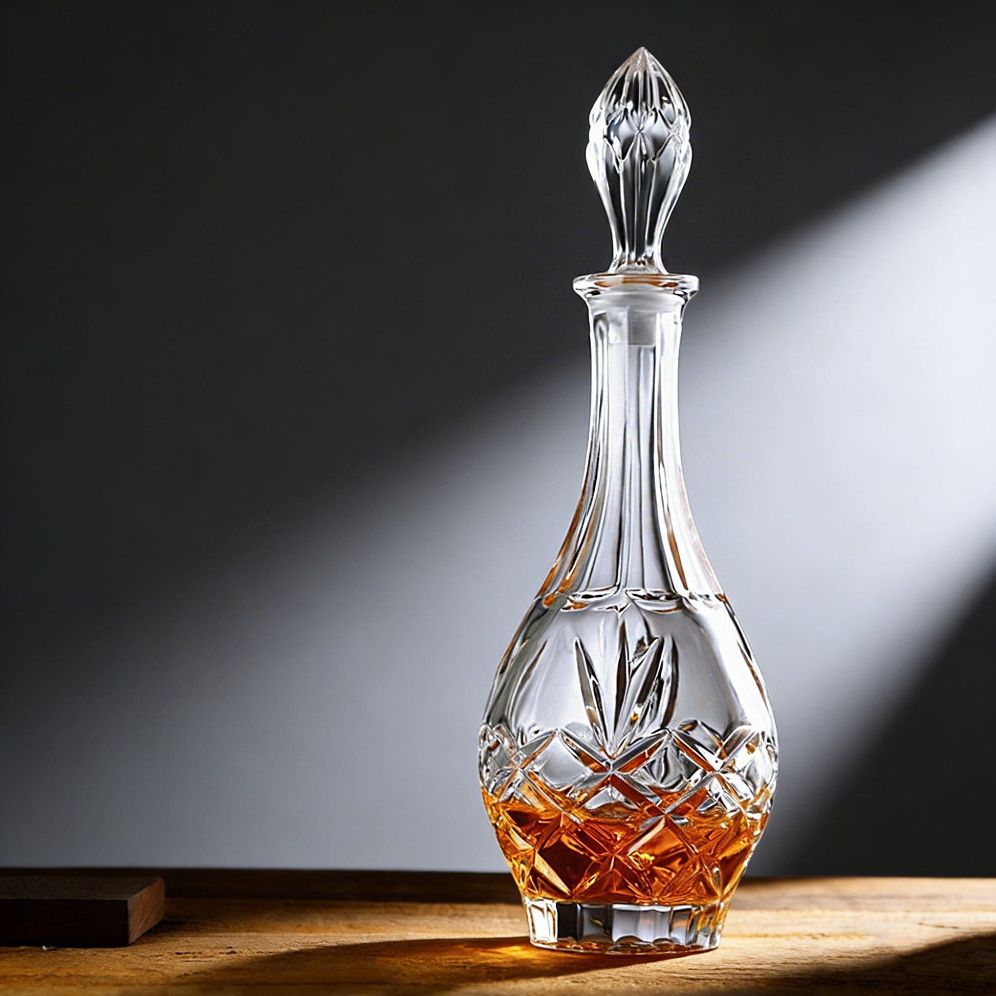 Clear glass decanter with a dark background