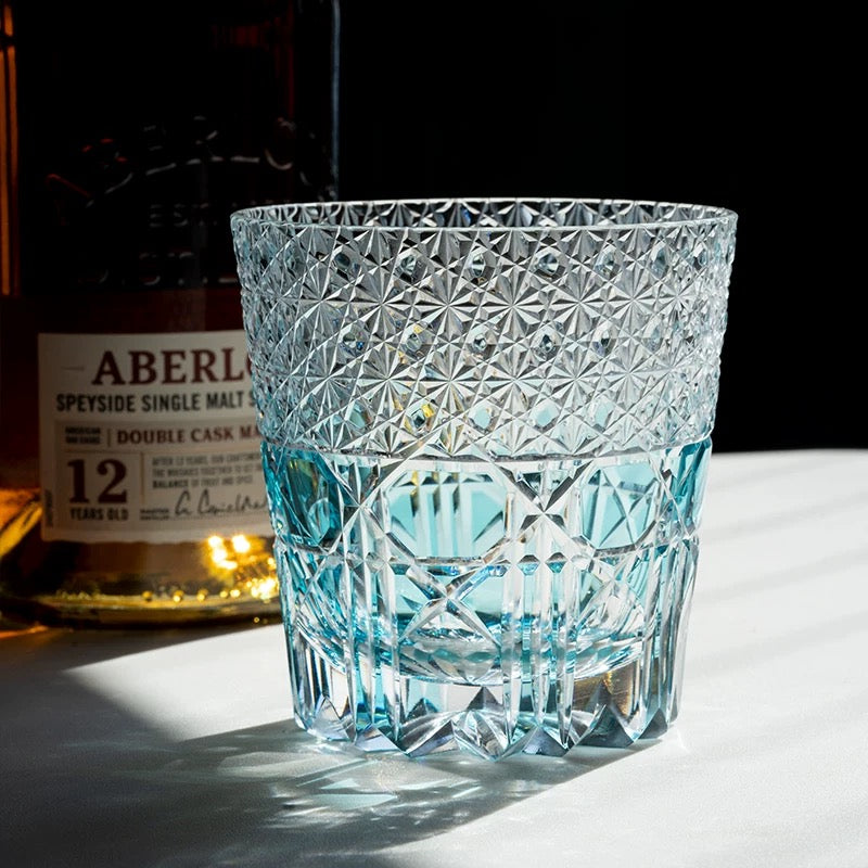 JR Edo Kiriko Hand-Cut Aqua Blue Crystal Whiskey Glass