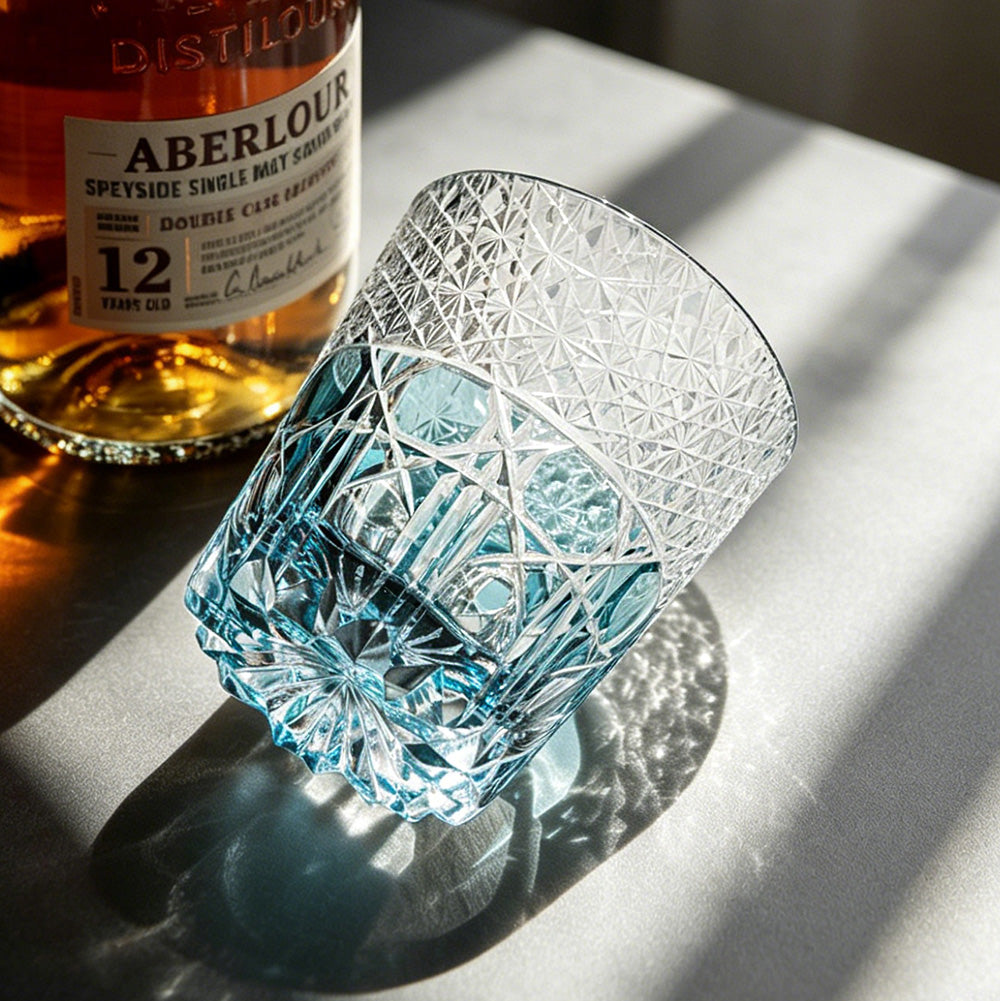 JR Edo Kiriko Hand-Cut Aqua Blue Crystal Whiskey Glass