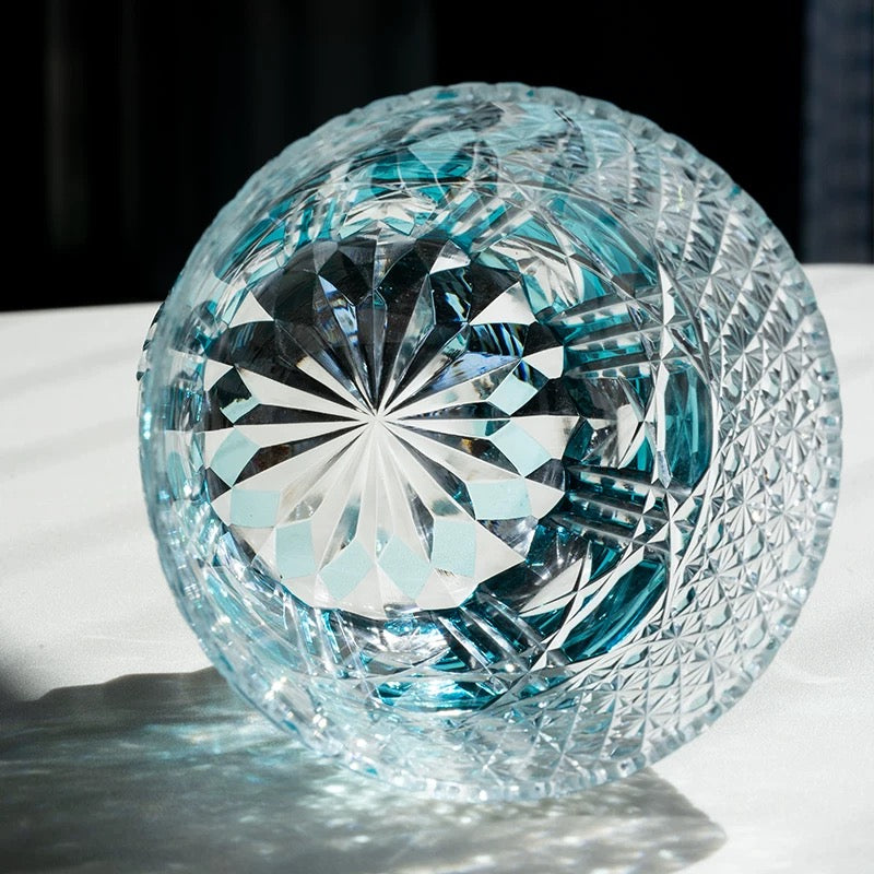 JR Edo Kiriko Hand-Cut Aqua Blue Crystal Whiskey Glass