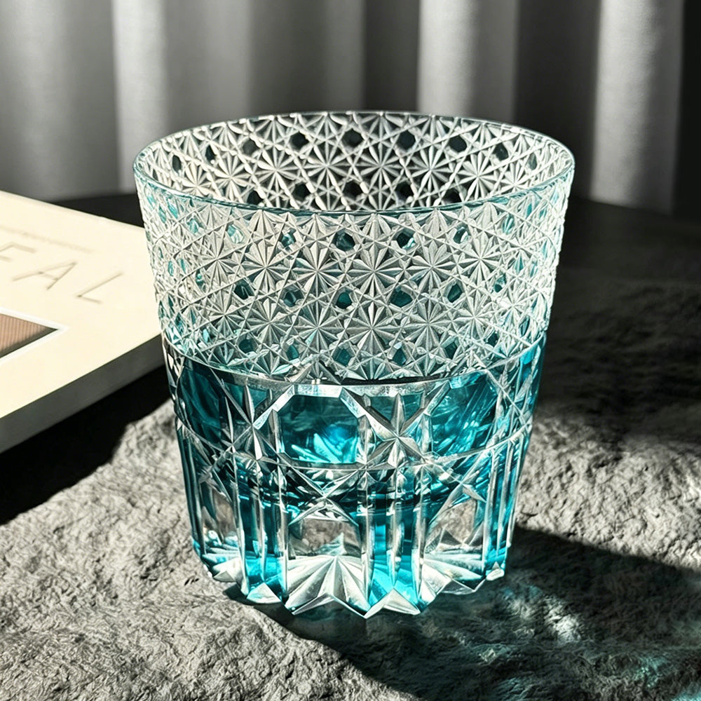 JR Edo Kiriko Hand-Cut Aqua Blue Crystal Whiskey Glass