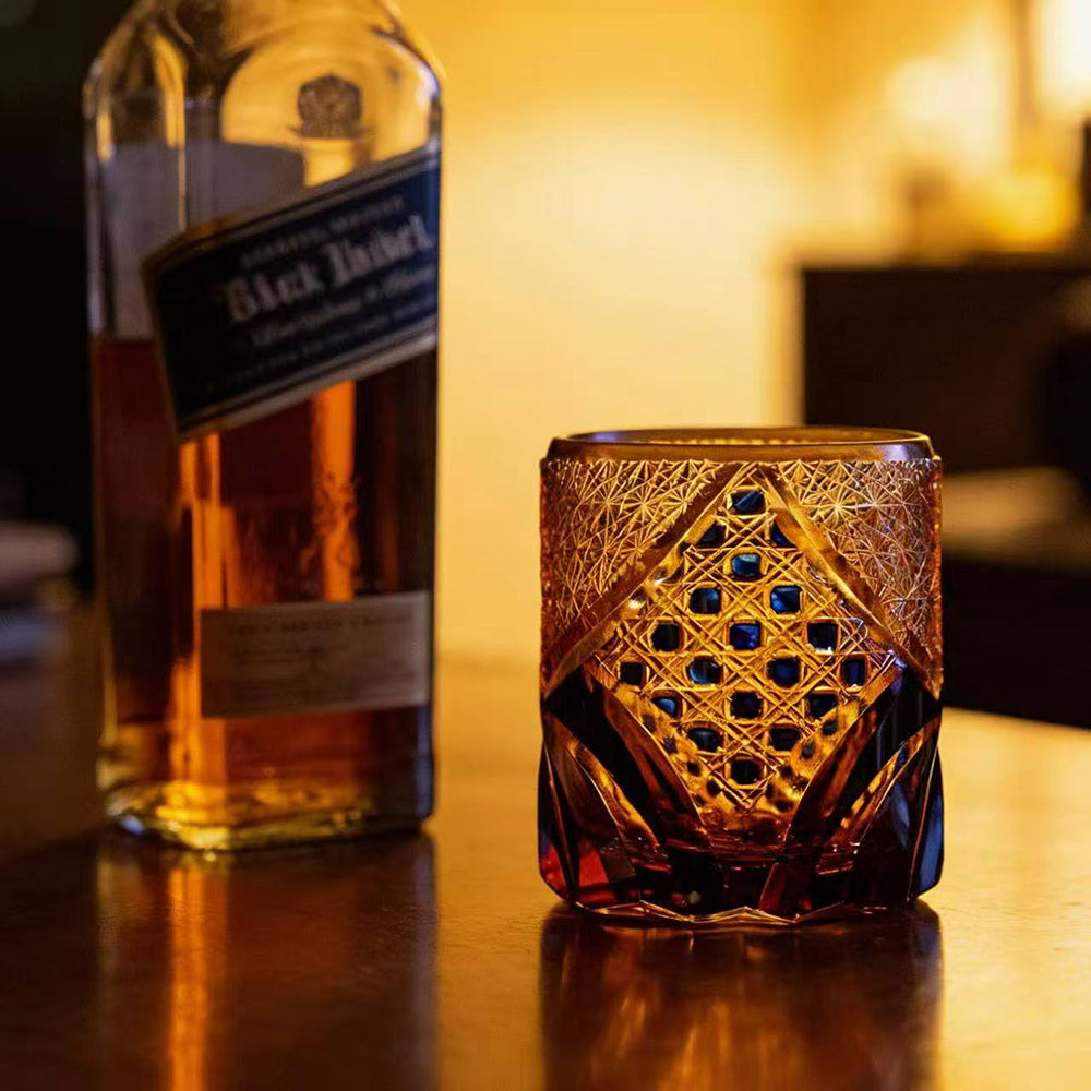 JR Edo Kiriko Hand-Cut Black Samurai Crystal Whiskey Glass