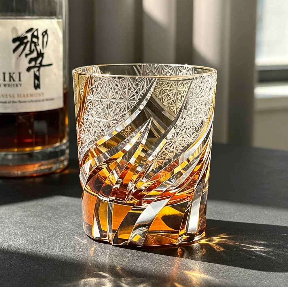 JR Edo Kiriko Hand-Cut Emberlight Amber Crystal Whiskey Glass
