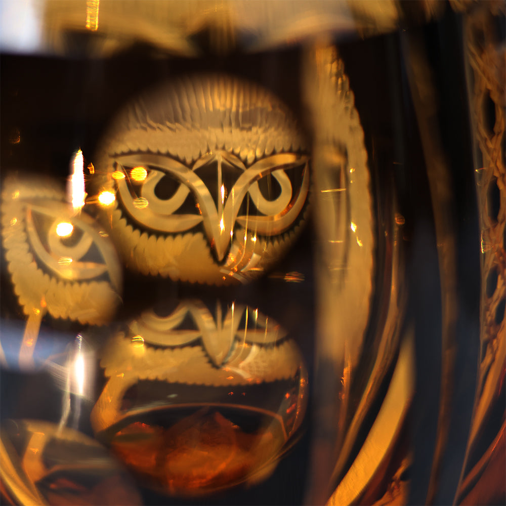 JR Edo Kiriko Hand-Cut Owl Amber Crystal Whiskey Glass